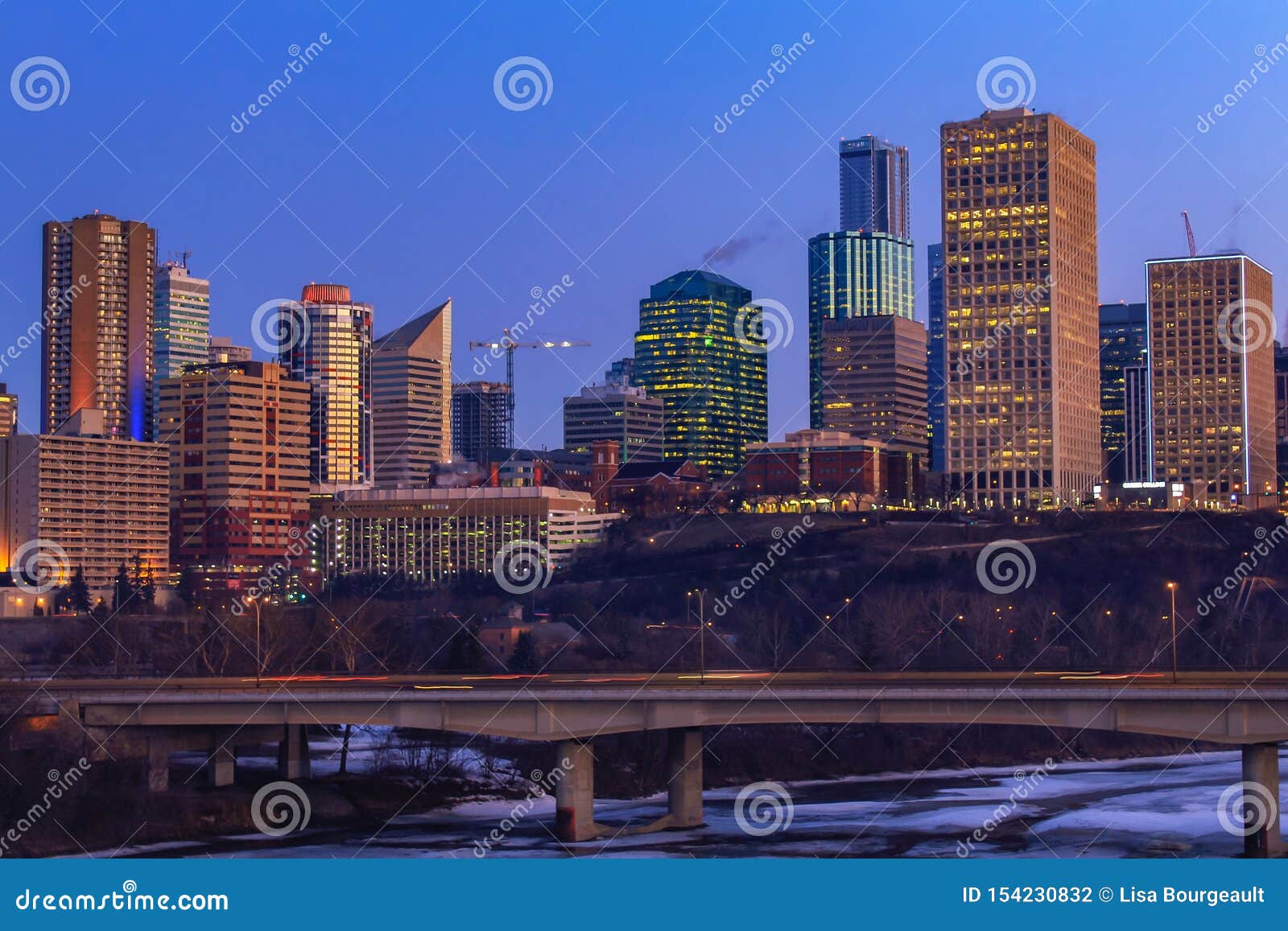 Downtown Edmonton Skyline Lights Stock Photo Image of snow, river