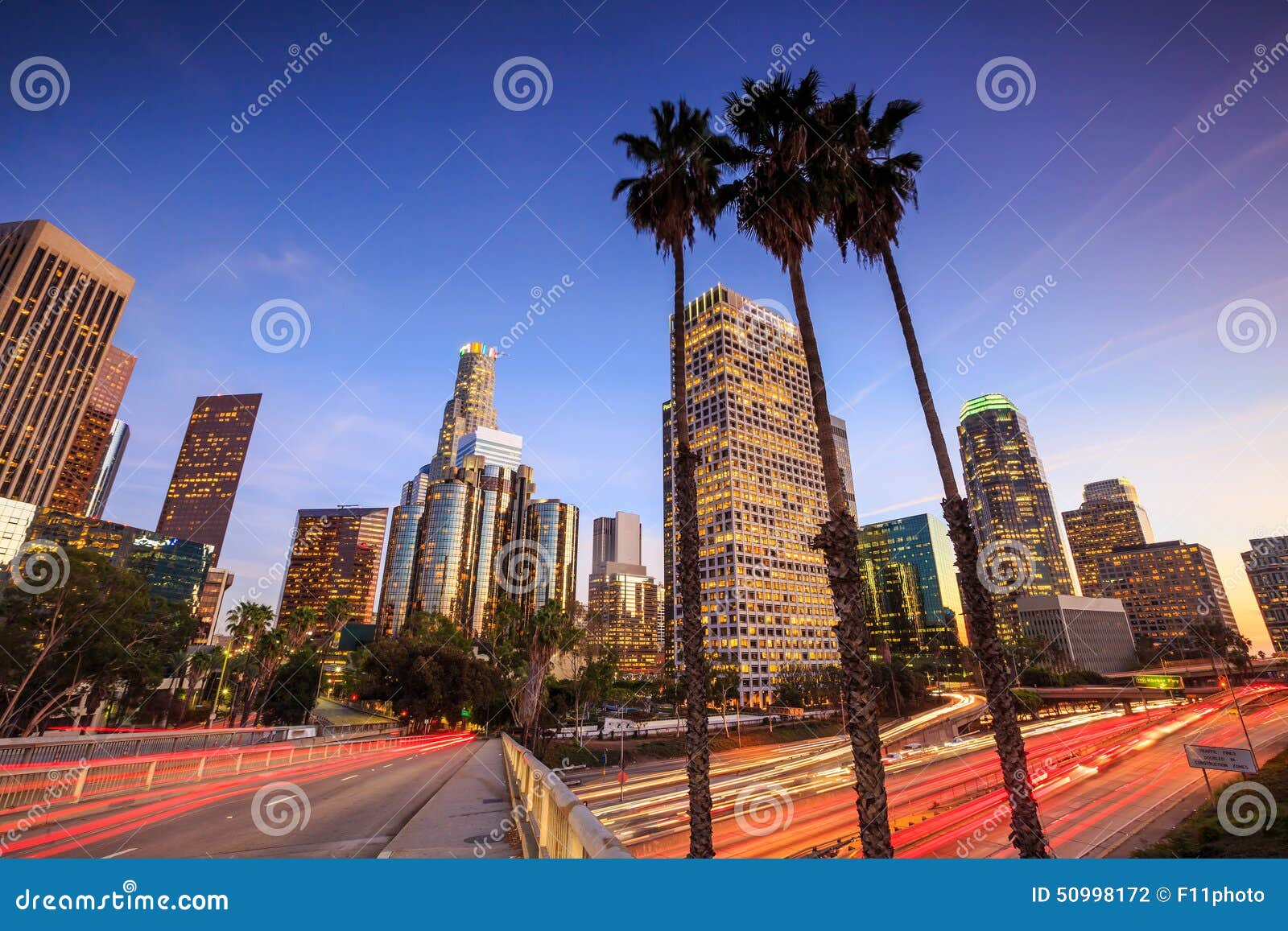 downtown los angeles skyline during rush hour