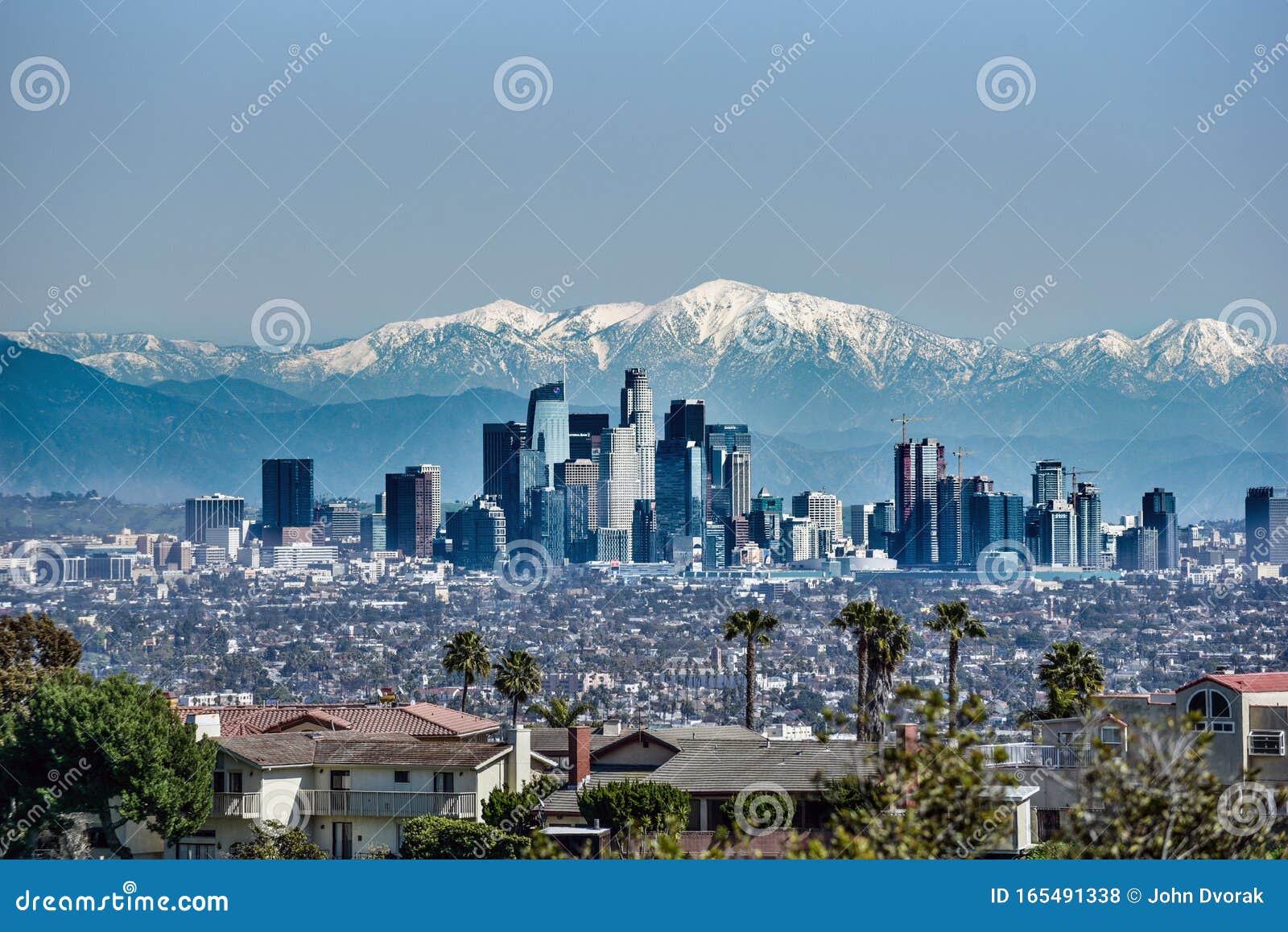 Downtown Los Angeles with Snowy Mountains Editorial Stock Photo Image