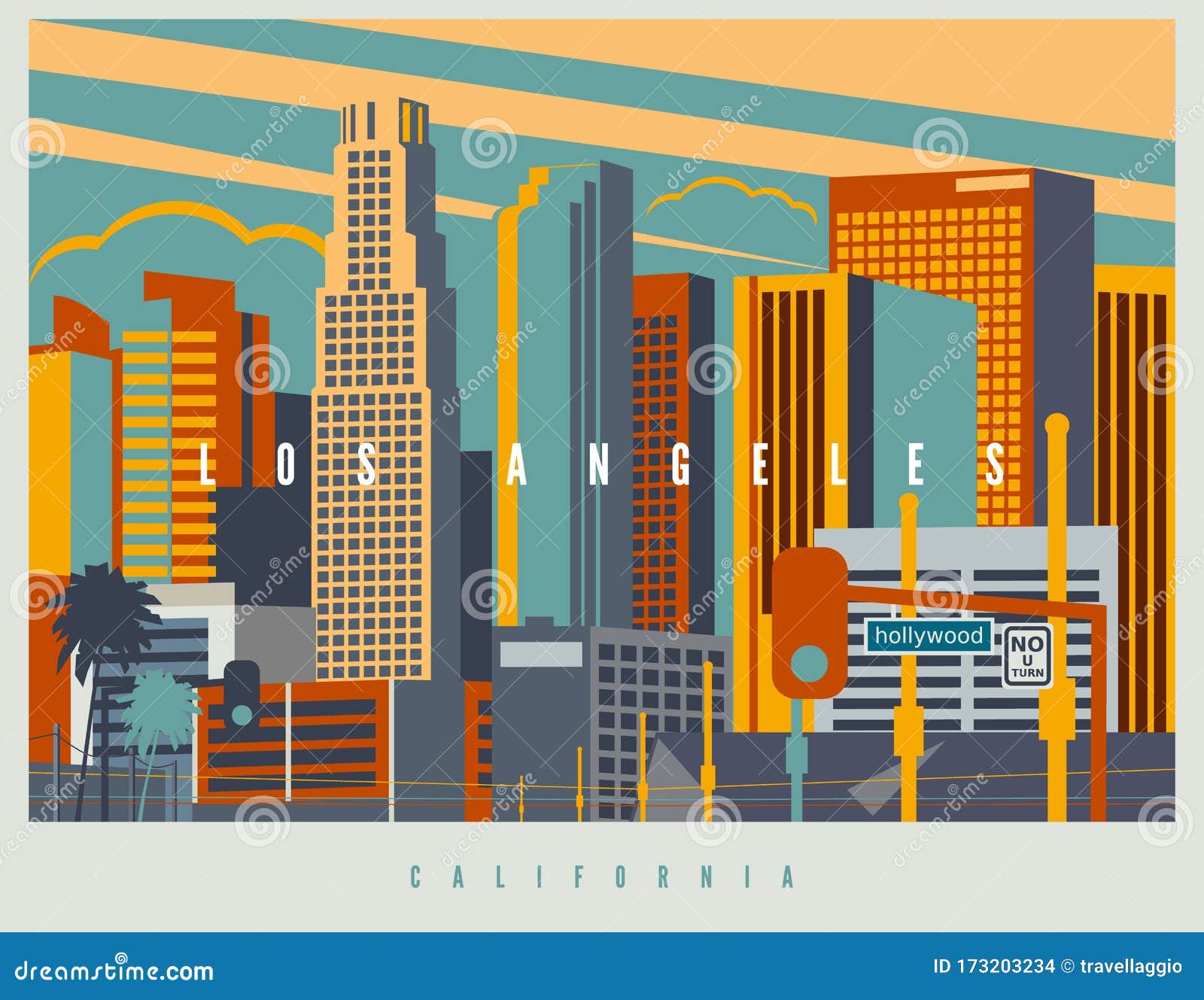 downtown los angeles in . cityscape of la in retro style colors and stylization, vintage  . usa