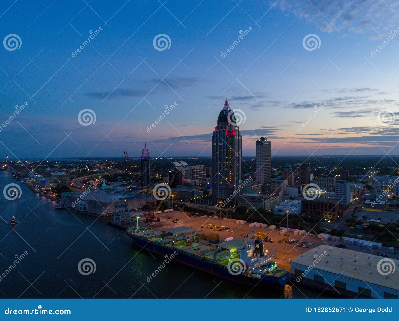 The Downtown Mobile, Alabama Waterfront Skyline at Sunset Stock Image