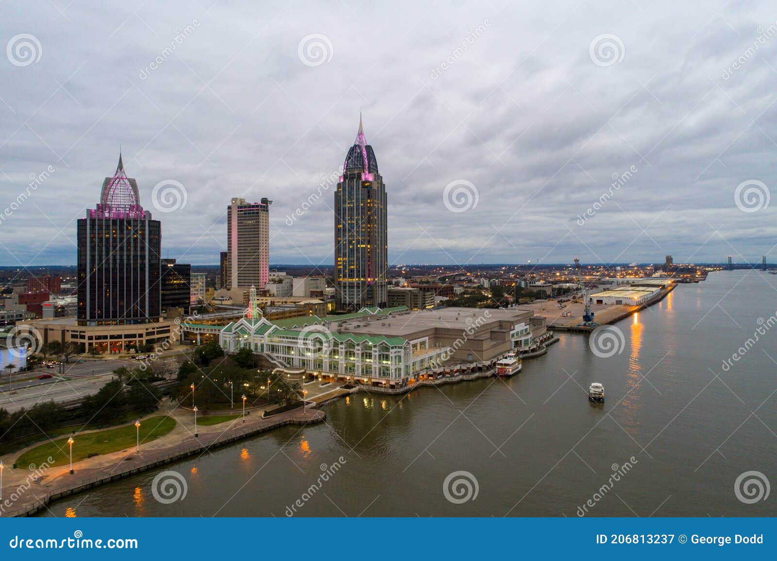 The Downtown Mobile, Alabama Waterfront Skyline at Sunset in January of