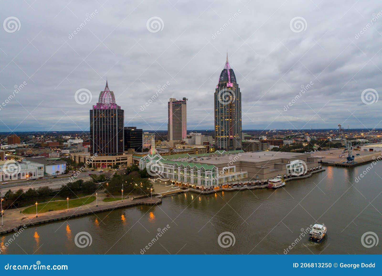 The Downtown Mobile, Alabama Waterfront Skyline at Sunset in January of