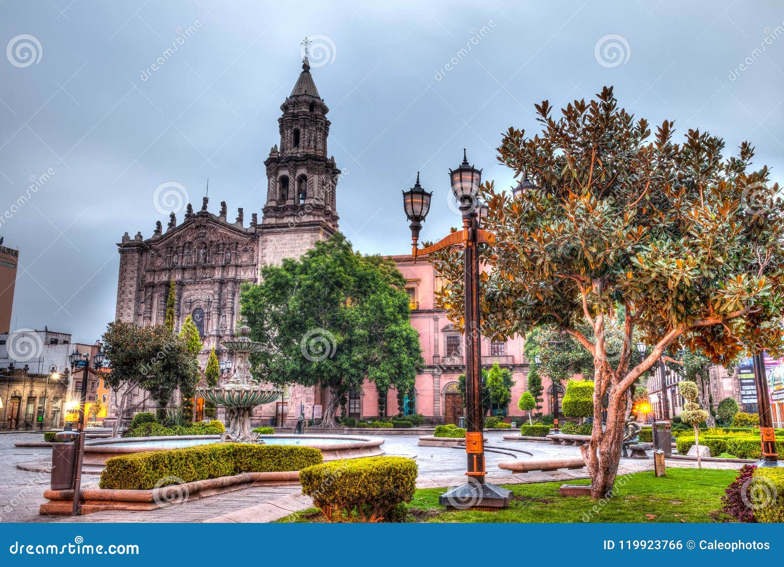 downtown plaza and streets of san luis potosi at sunrise