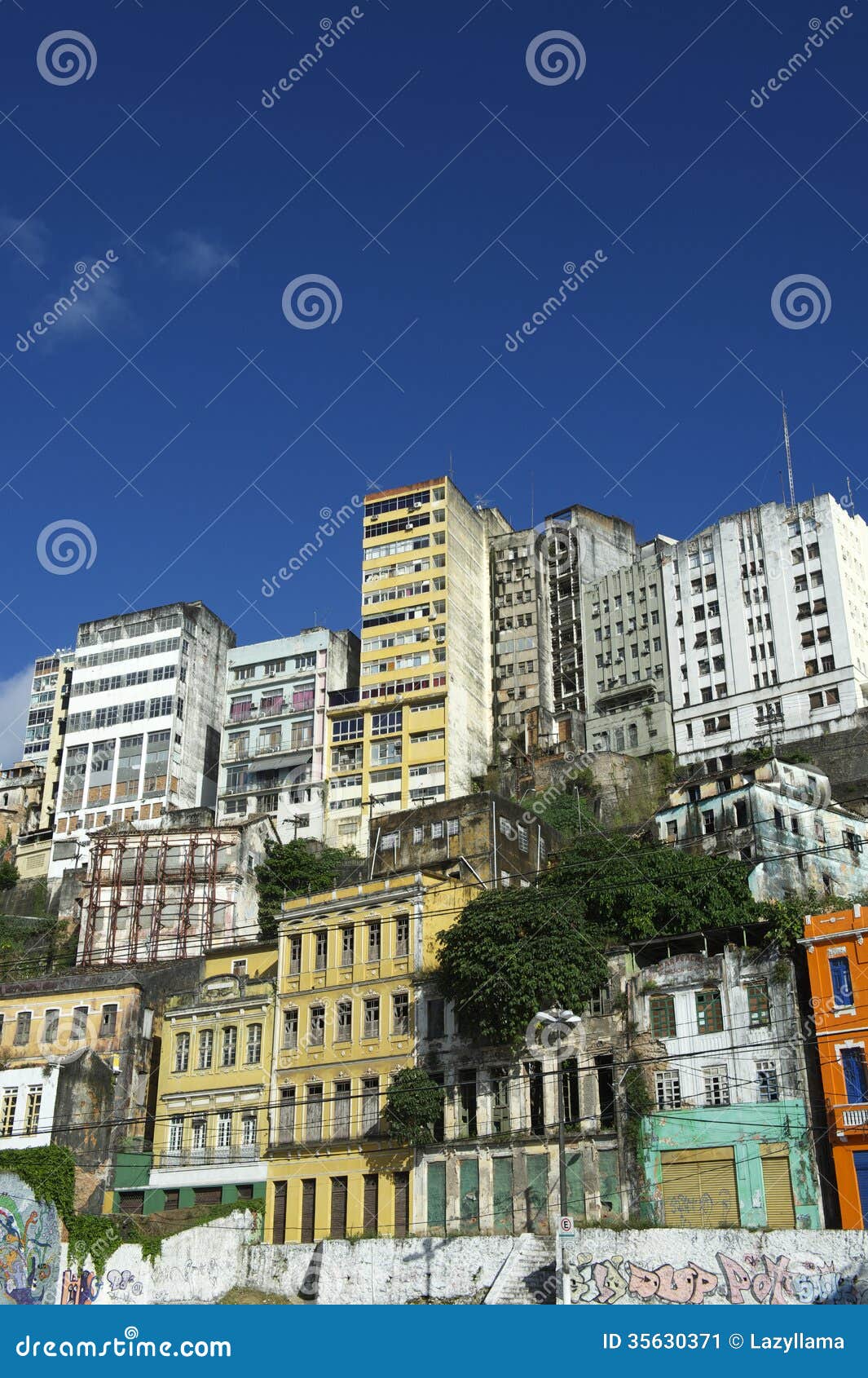 Downtown Salvador Brazil Skyline of Crumbling Infrastructure. Downtown Salvador Brazil skyline features a crumbling infrastructure of colorful old buildings