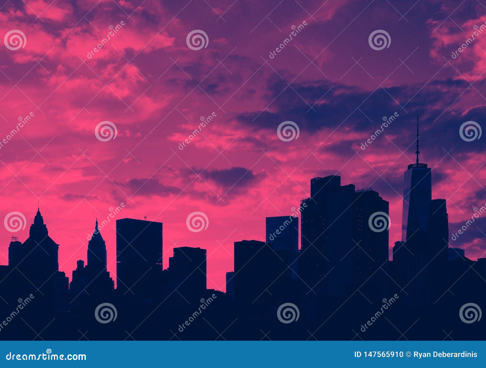 Downtown Skyline Buildings At Sunset In Manhattan New York City In