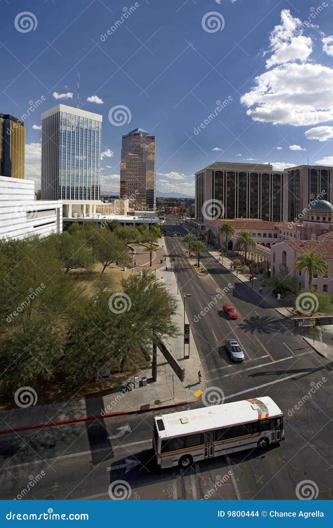 Downtown Tucson with Bus stock photo. Image of building 9800444