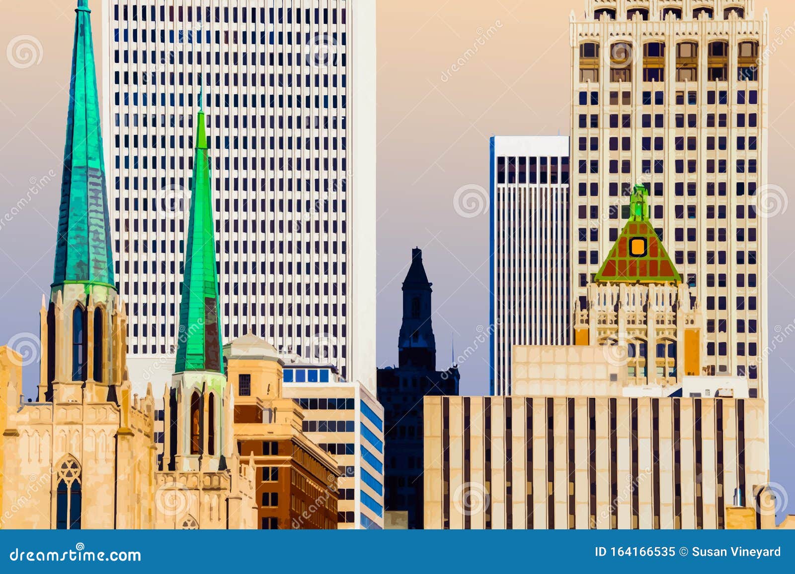 downtown tulsa over the rooftops - closeup with many different styles of buildings against intense blue sky-