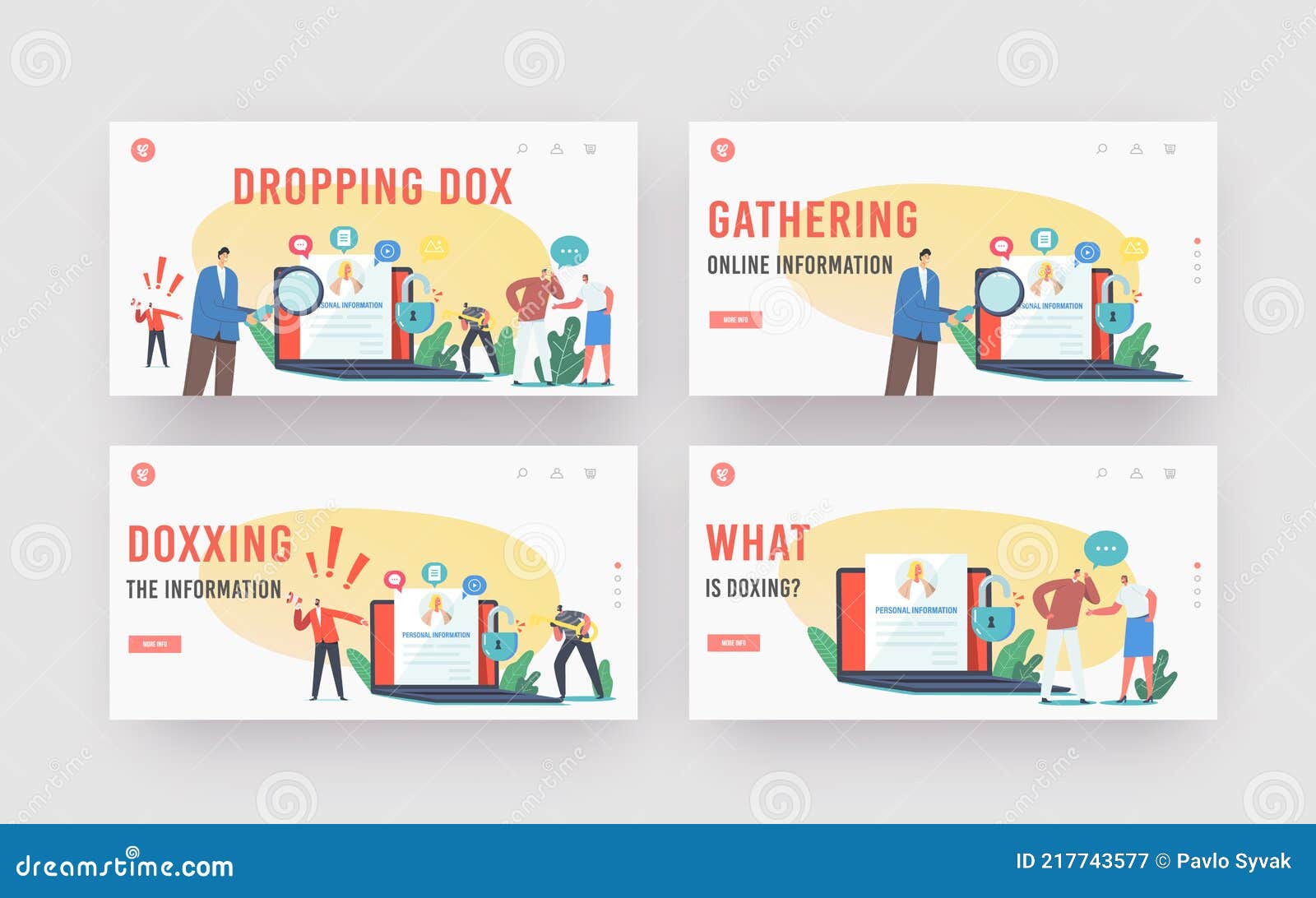 Doxing, Dropping Dox Landing Page Template Set. Hacker Character Doxing, Dropping Dox Landing Page Template Set. Hacker Character