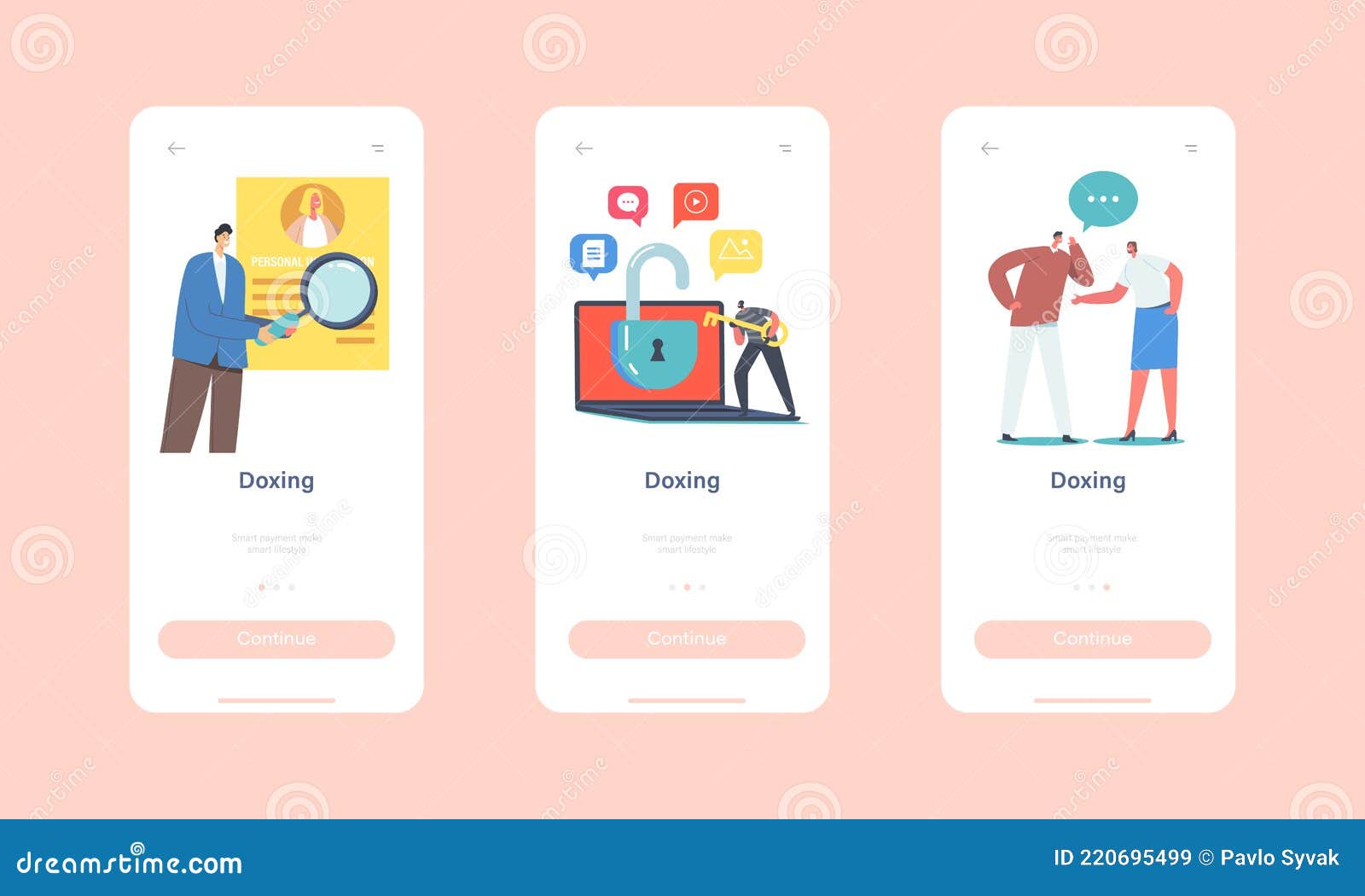 Doxing Mobile App Page Onboard Screen Template. Hacker Character