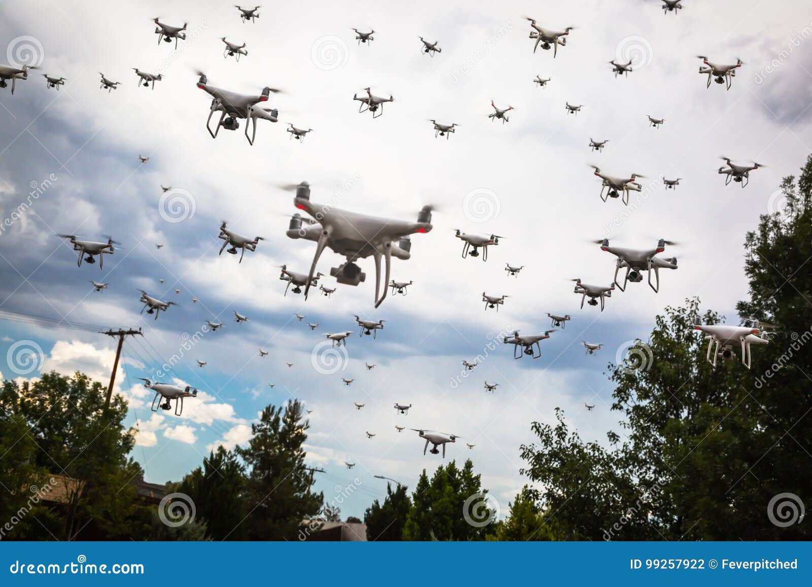 dozens of drones swarm in the ominous sky.