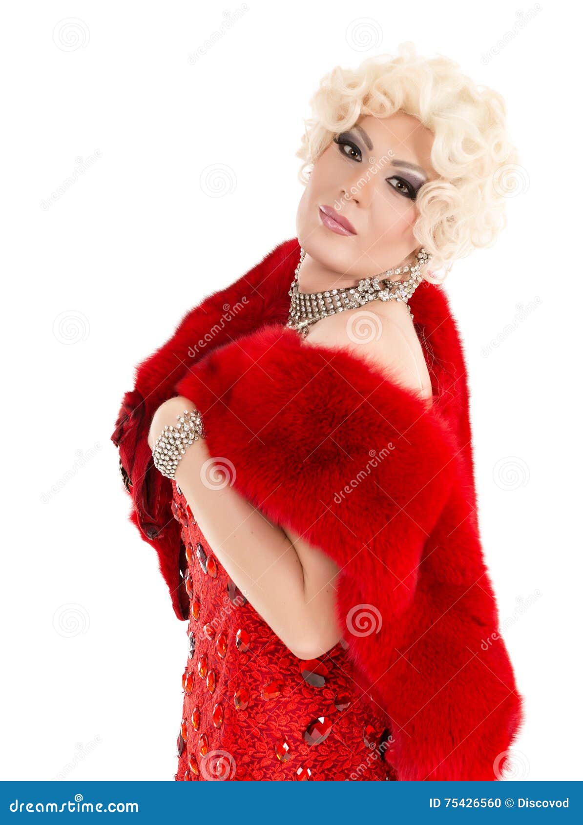 Drag Queen in Red Dress with Fur Performing Stock Photo Image of