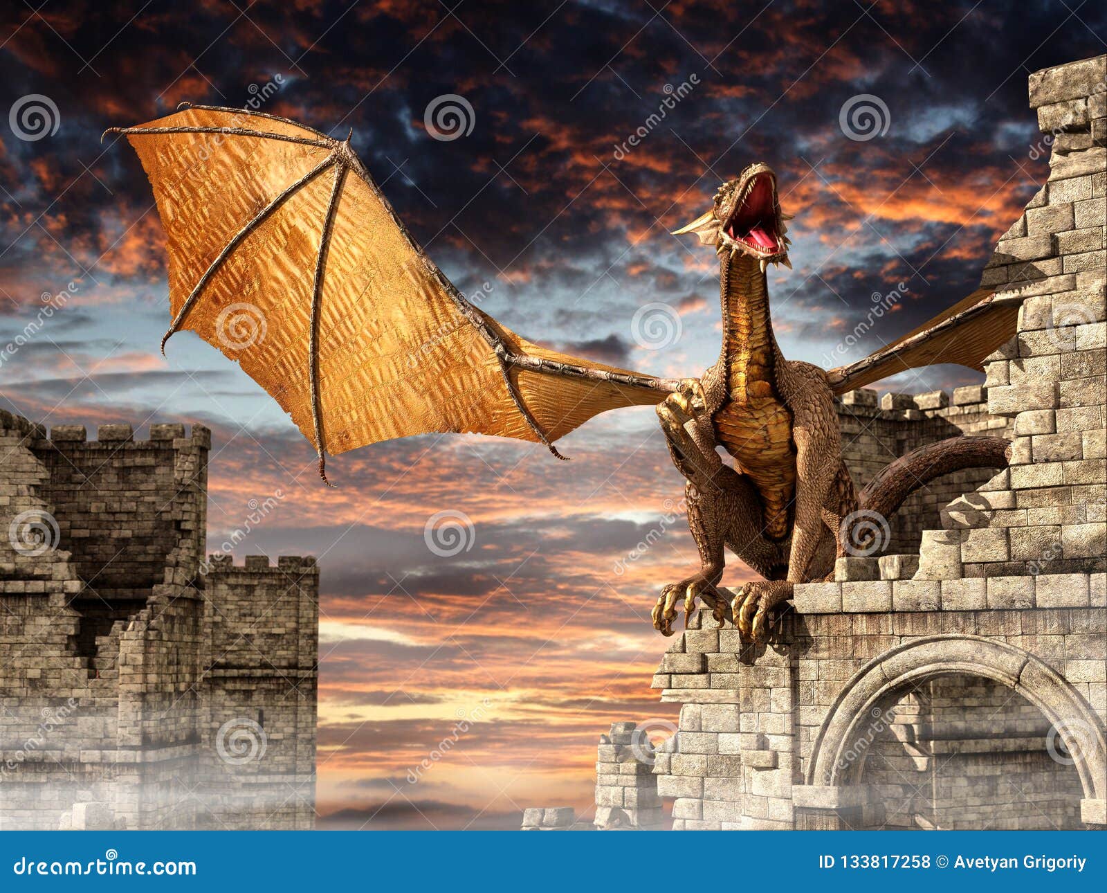Dragon on castle stock illustration. Illustration of tower 133817258