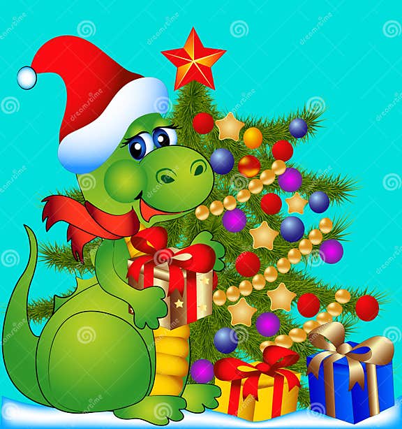 Dragon with Fir Tree and Gift Stock Illustration Illustration of