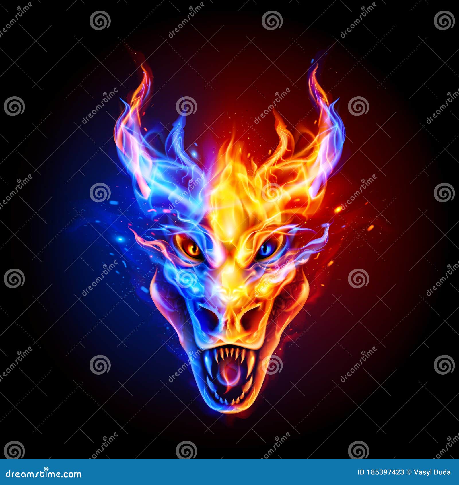 Fire Head of Dragon stock vector. Illustration of light - 185397423