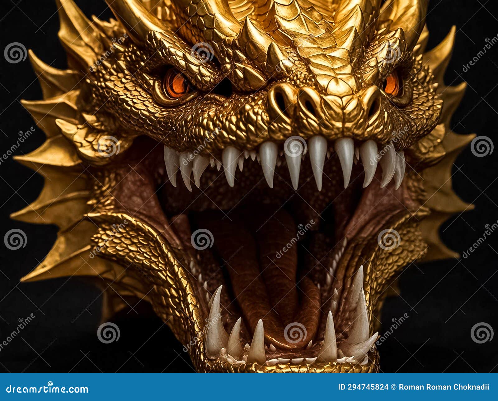 Dragon Head with Golden Scales. Golden Dragon with Teeth and Open Mouth ...