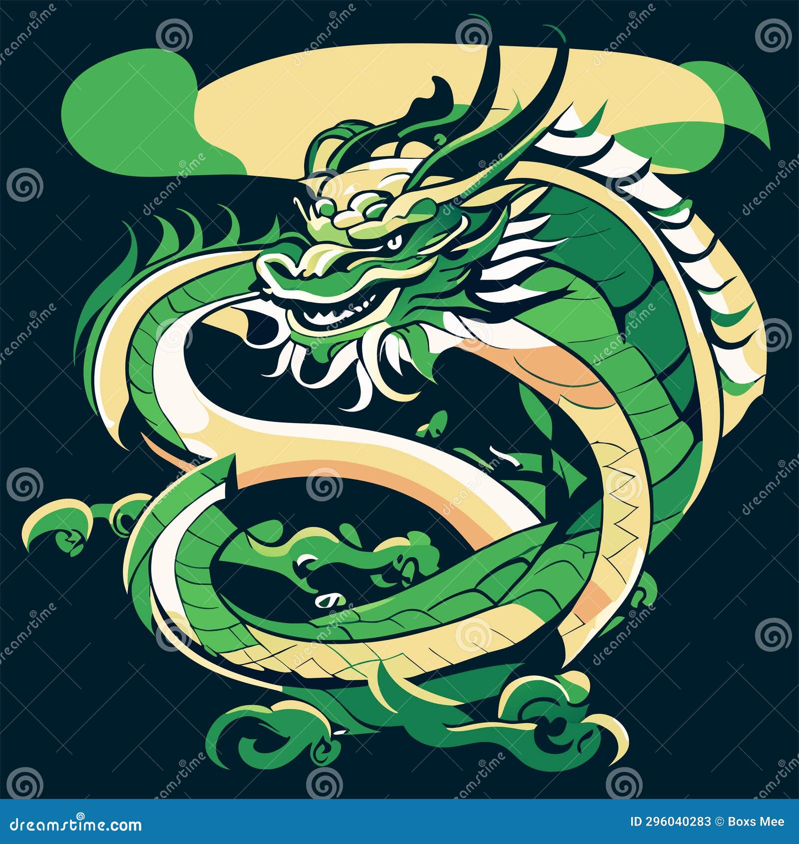 Dragon Head with Green Pattern. Vector Illustration Isolated on Black