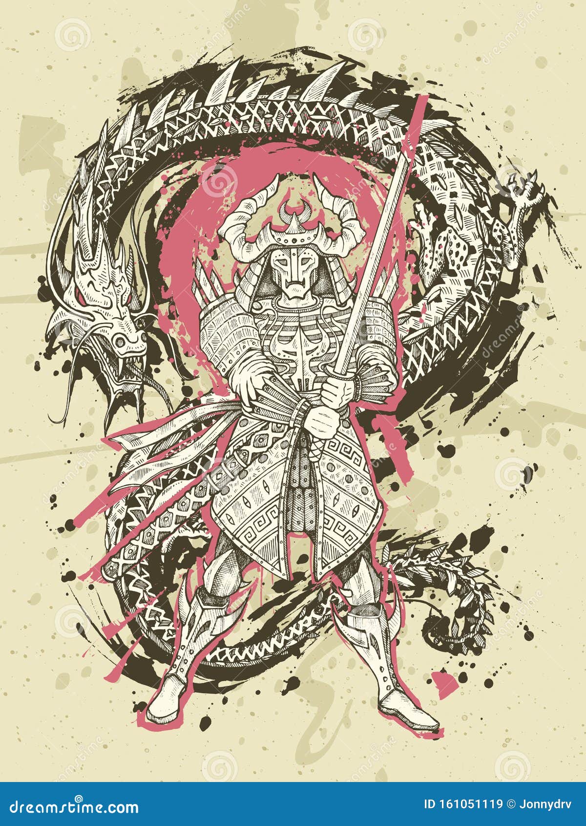 Dragon and Japanese Samurai Battle, Hand Drawn Fantasy Art. Snake Vs ...