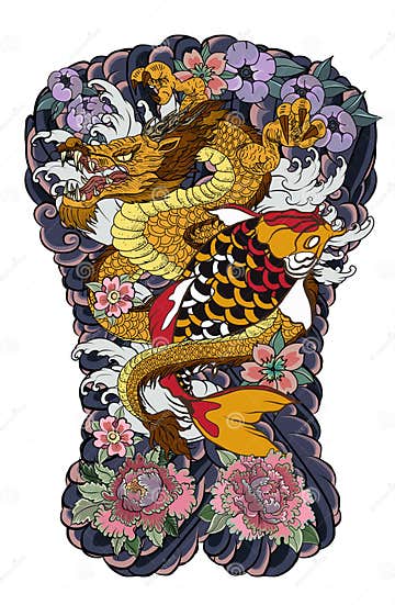 The Dragon and Koi Carp Fish with Water Splash and Peony Flower,cherry ...