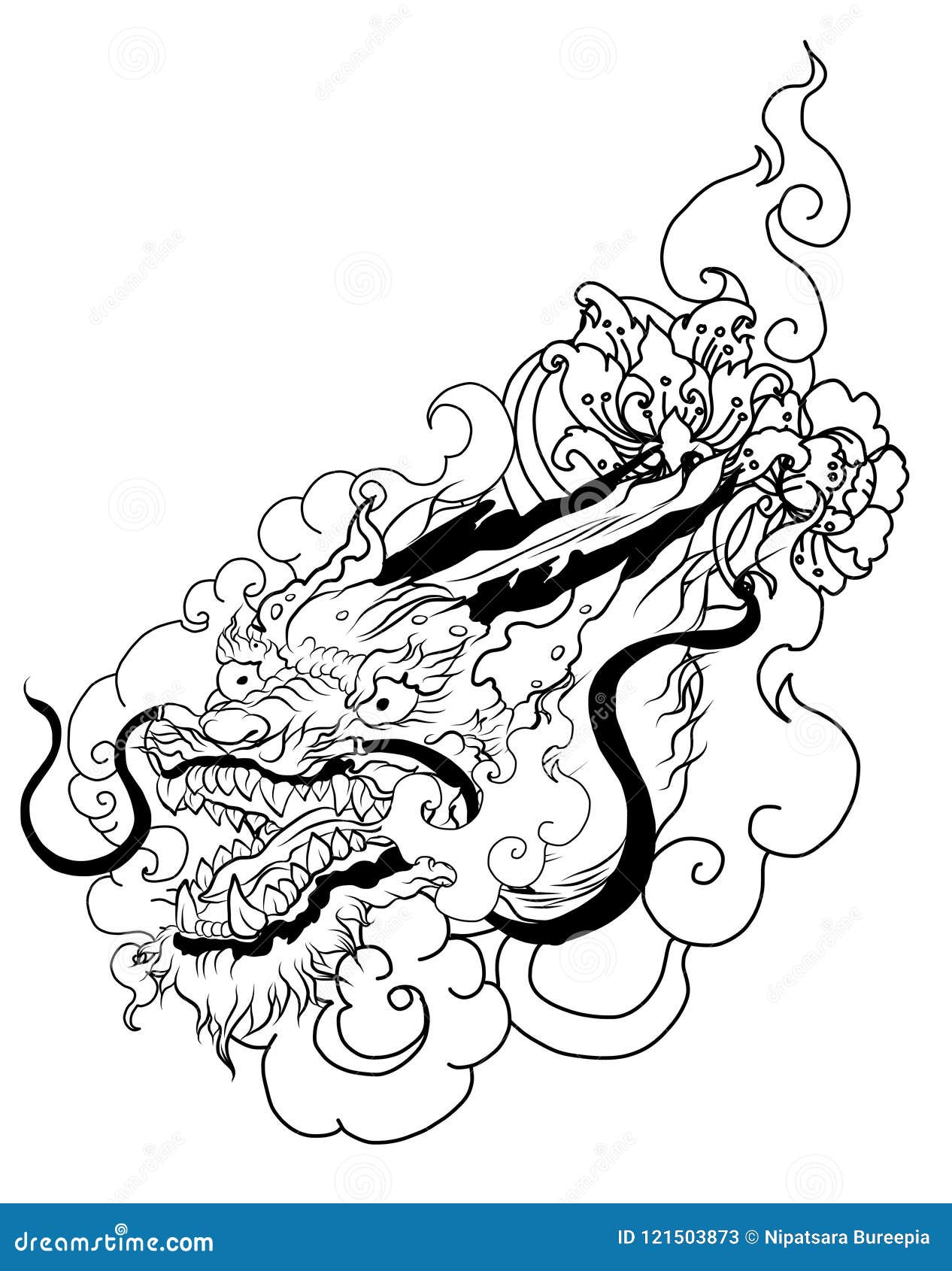 Dragon with Line Thai Wave Tattoo.Japanese Wave Vector Set and Thai ...