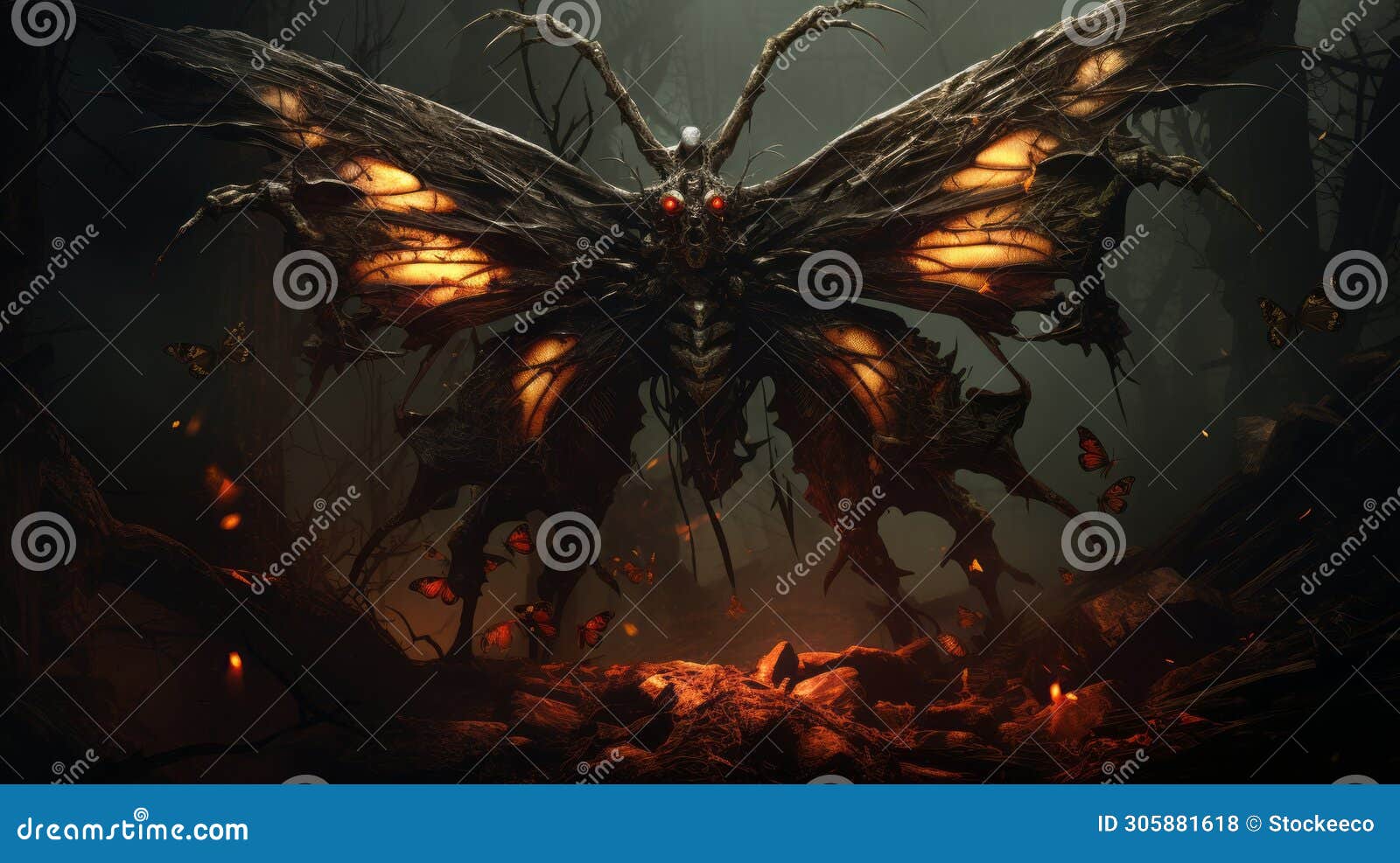 scary nightmare creature: dark butterfly in the forest
