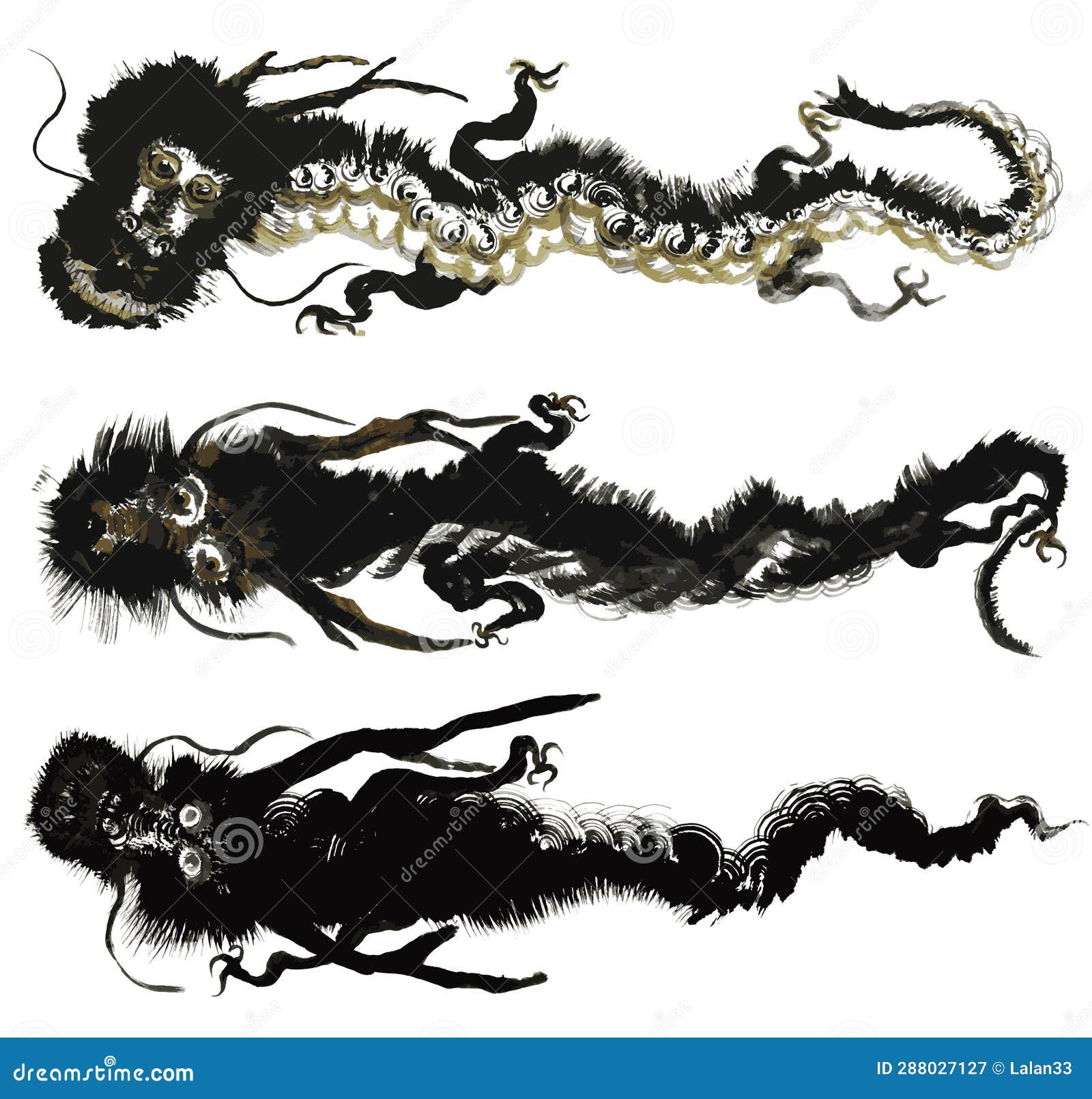 Set of Dragons. Brush Stroke Illustration. Ink Art. Stock Illustration