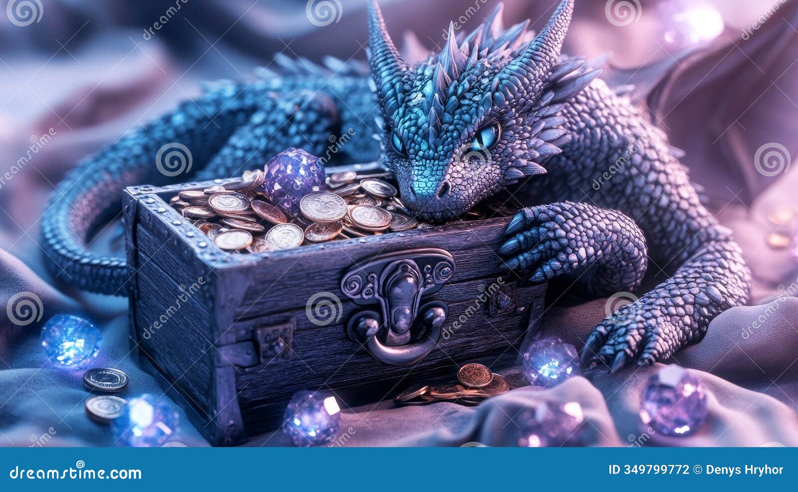 a dragon with shimmering blue scales lies on a treasure chest overflowing with gold coins and vibrant gems, creating a