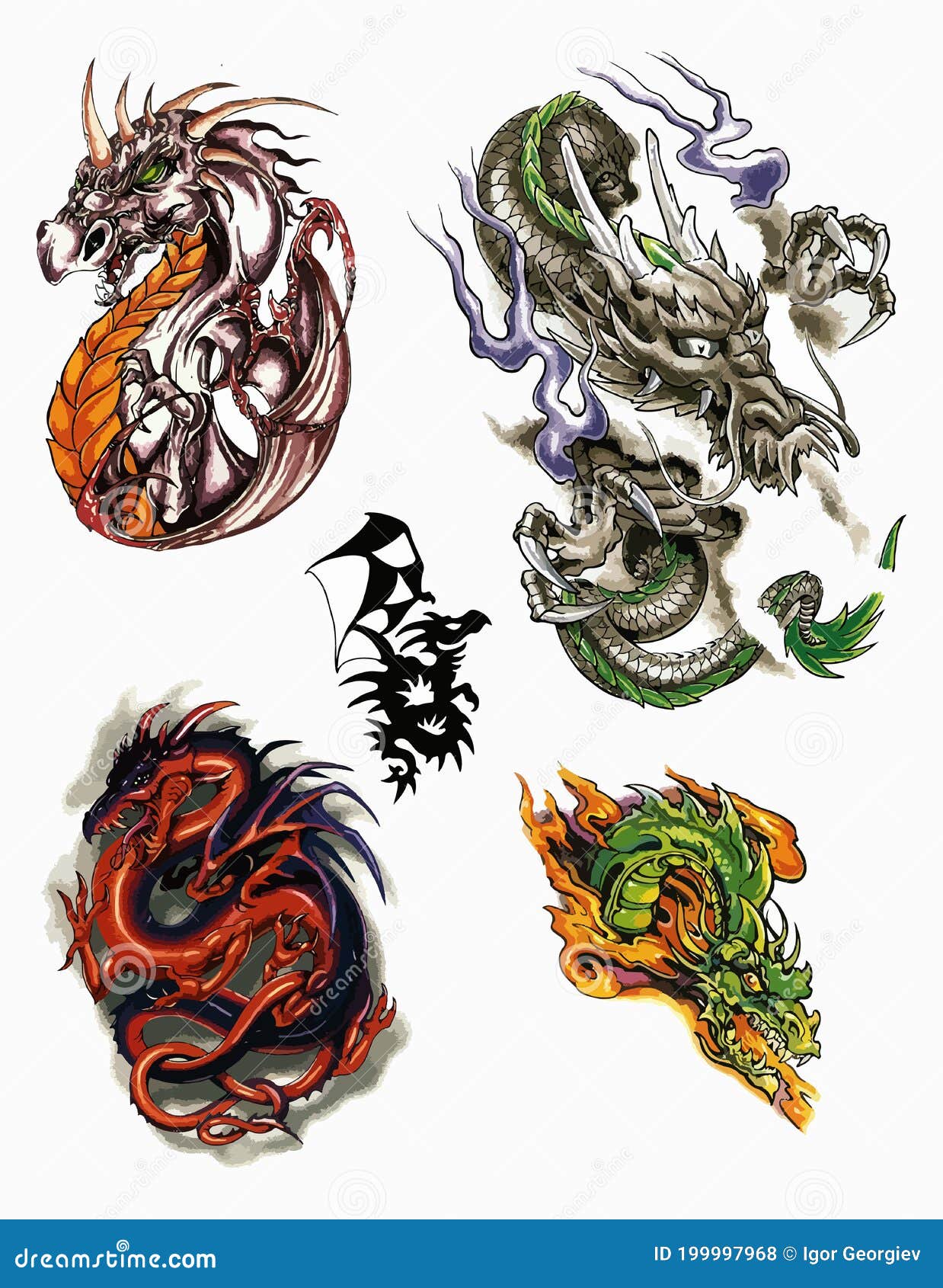 Dragon Tattoo Flash Set. Set of Labels and Elements. Vector Set ...