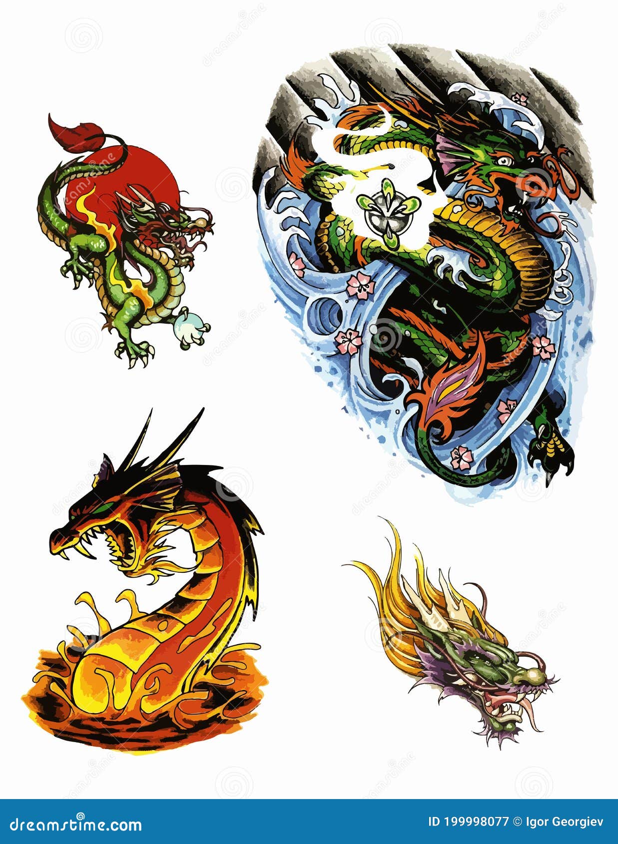 Dragon Tattoo Flash Set. Set of Labels and Elements. Vector Set ...