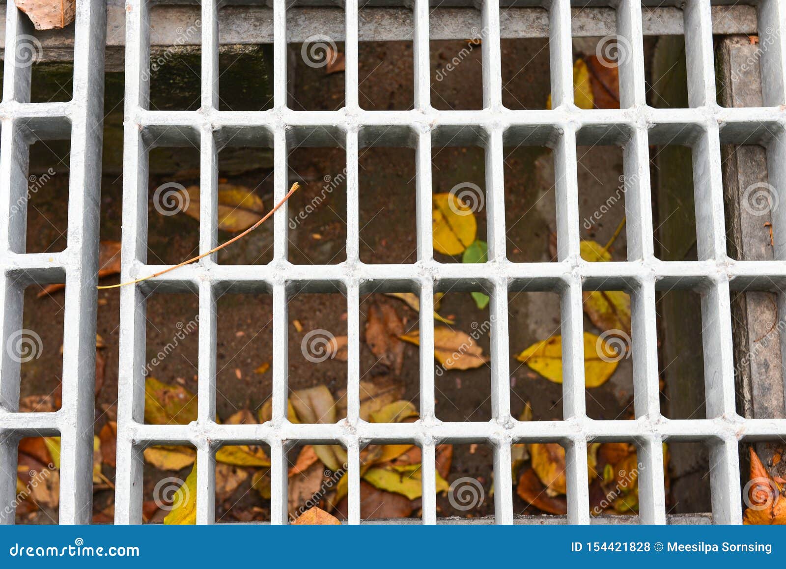 drains from the roof at the time of rain. the water drain made from steel surrounded by concrete