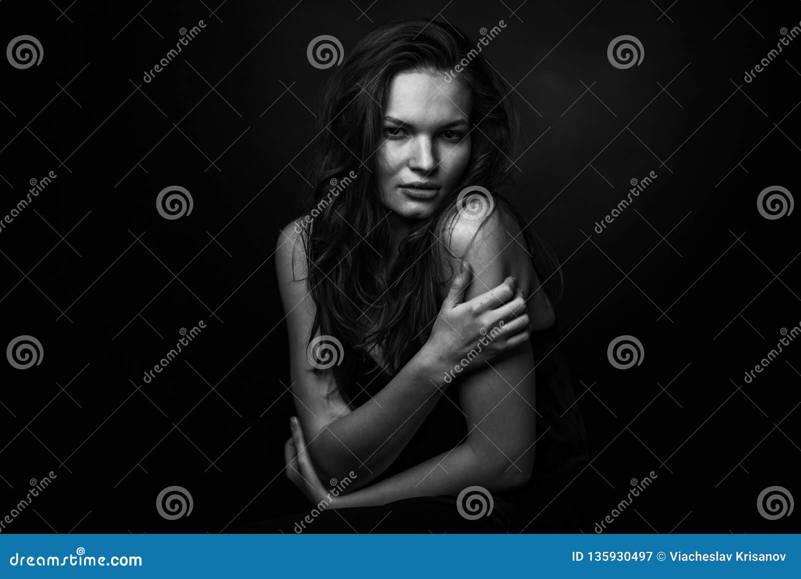 Dramatic Black and White Portrait of a Beautiful Girl on a Dark ...