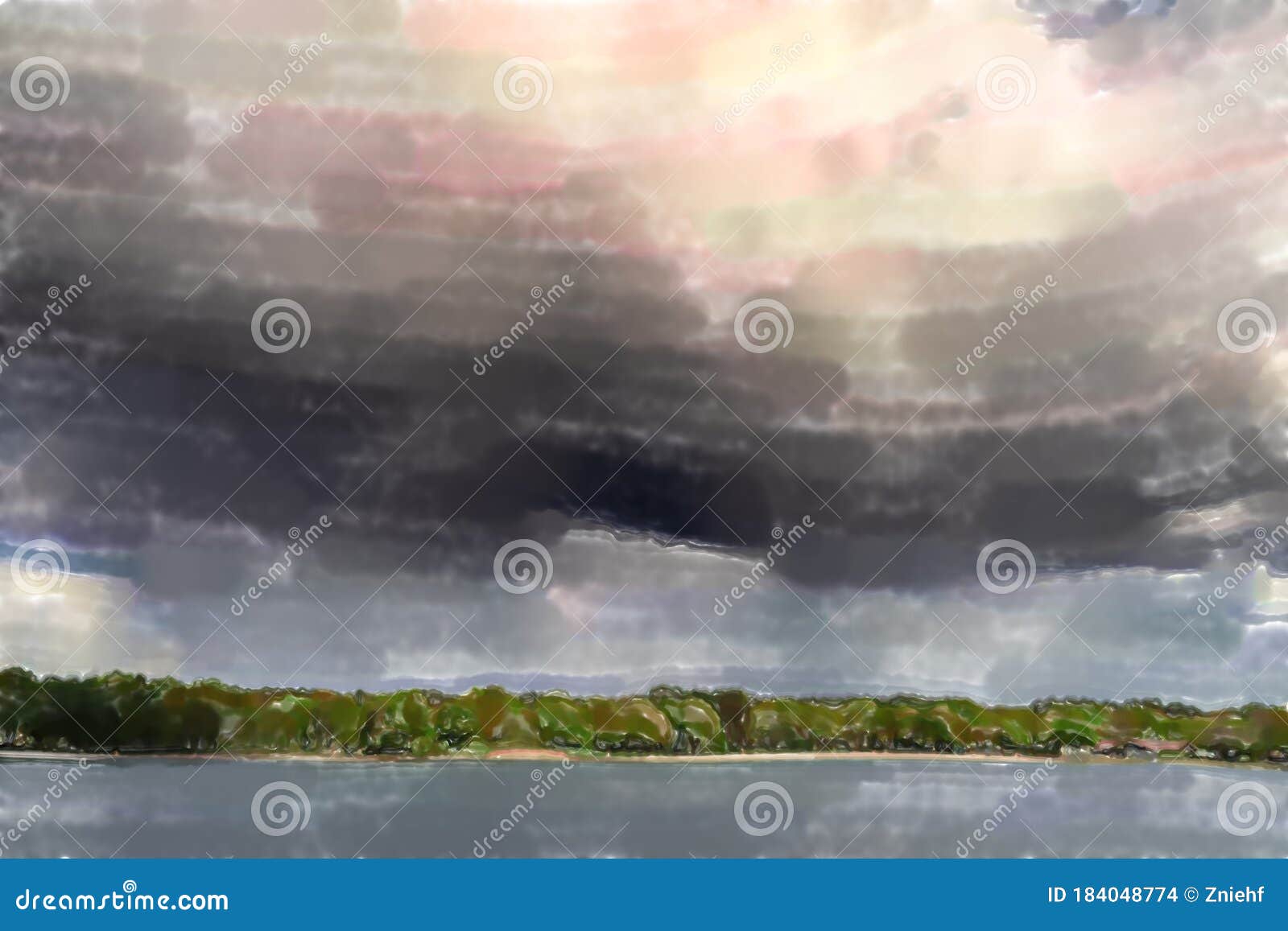 Dramatic Clouds From Which It Rains Over A Blue Lake With A Gre Stock Photo Image Of Lake Space