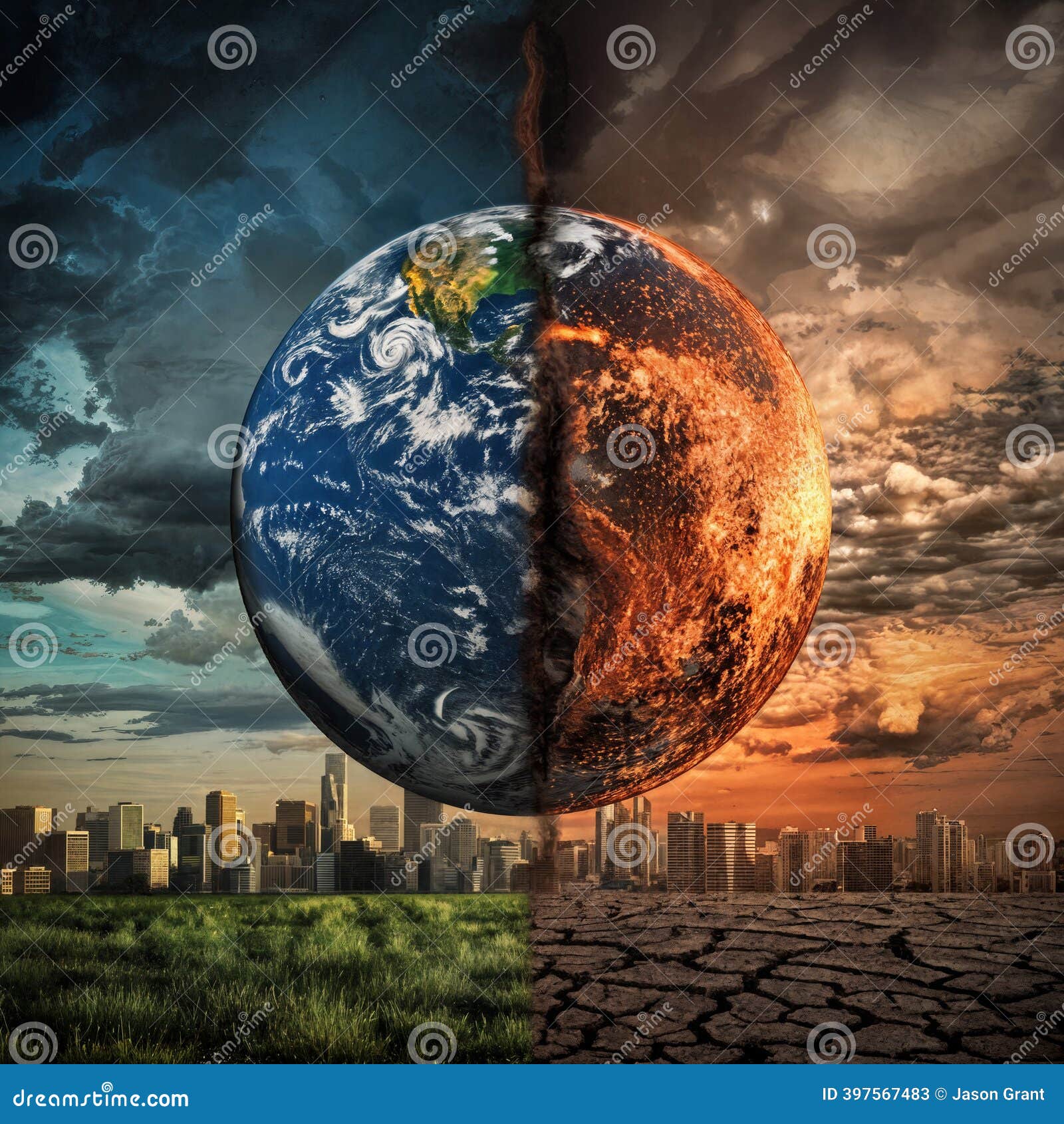 Earth Split between Healthy Green World and Burning Planet Above