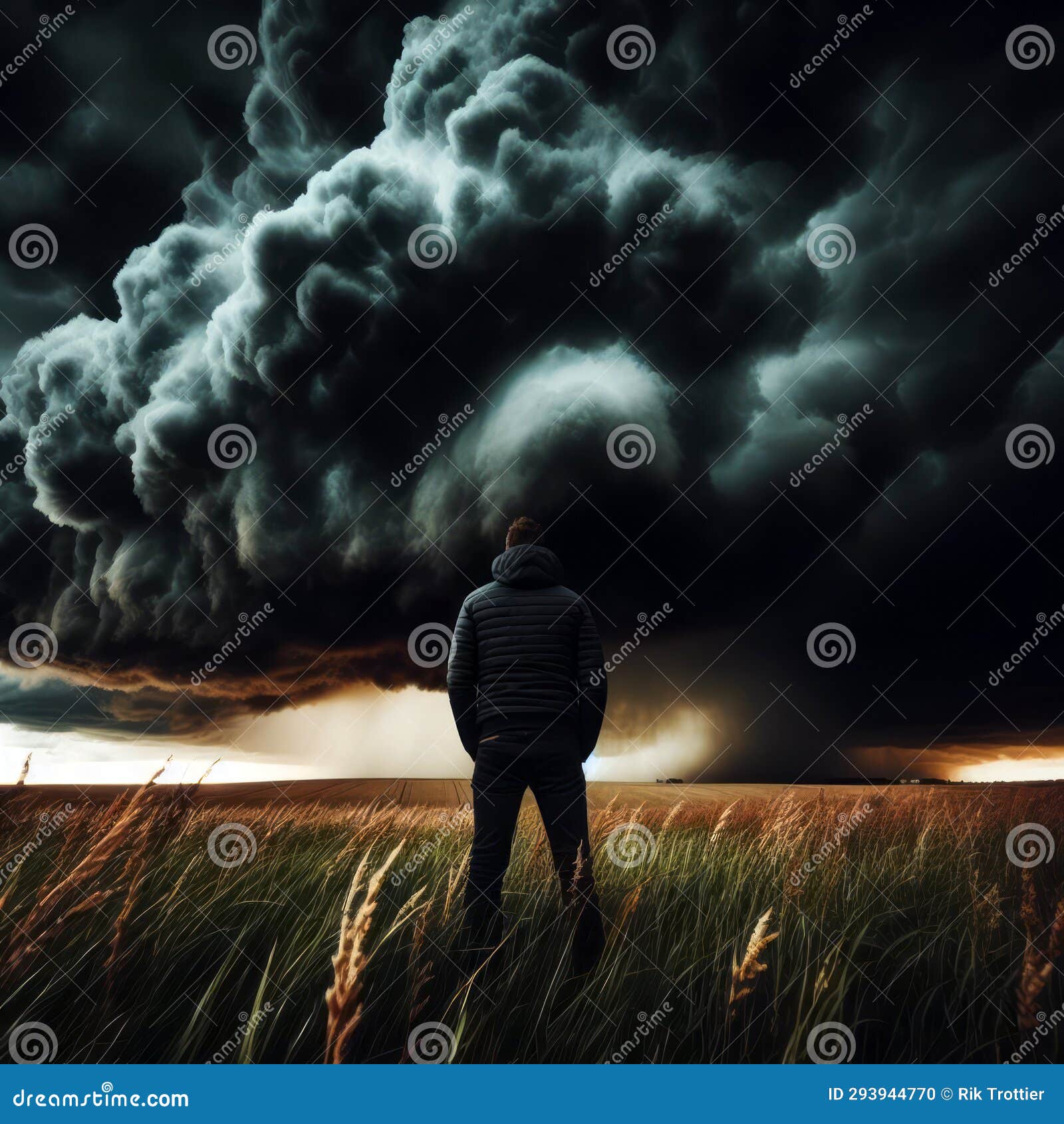 Man Standing in Field Dramatic Dark Sky and Clouds. Cloudy Sky ...