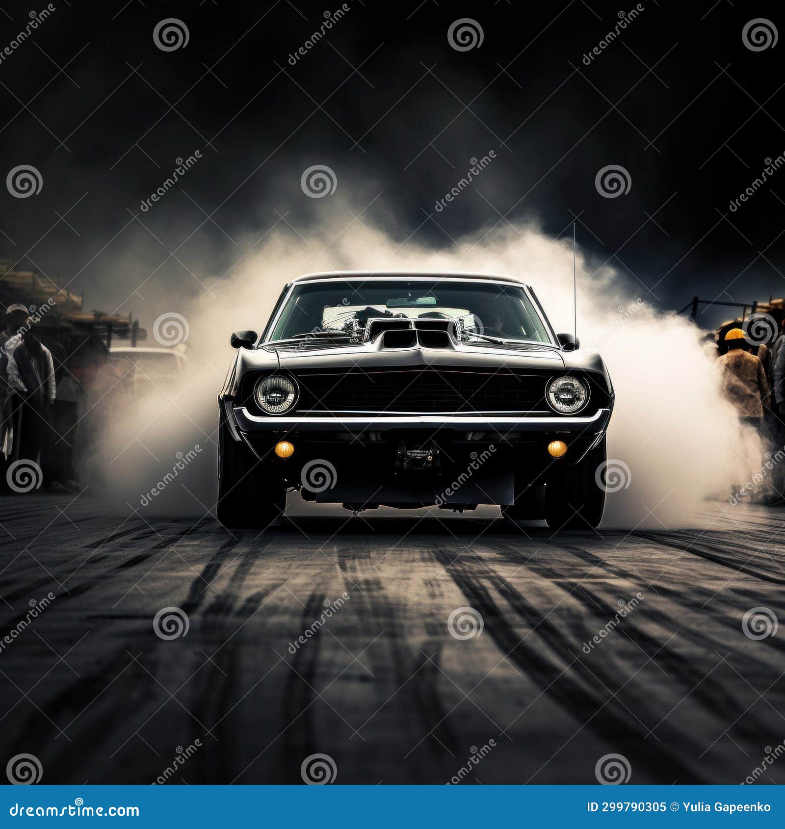 Dramatic Image of a Muscle Car Revving Its Engine at the Starting Line Stock Illustration