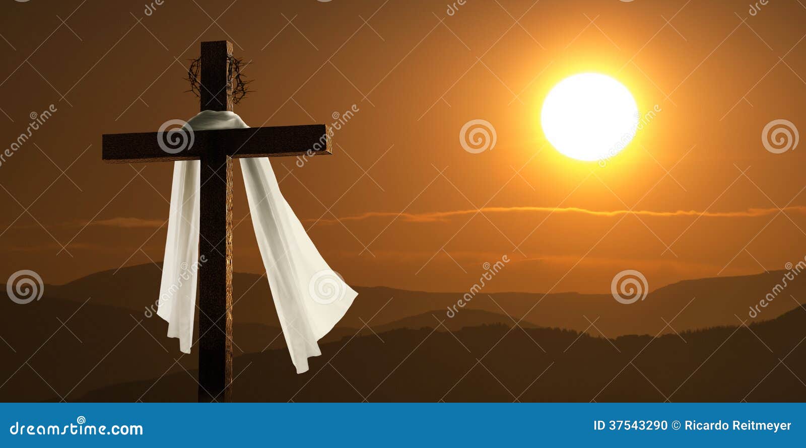 dramatic lighting of mountain sunrise with easter cross