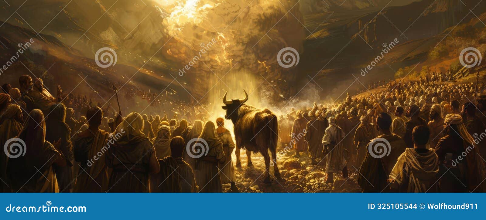 a dramatic scene of the golden calf being worshipped by the israelites, inspired by exodus 32:4,
