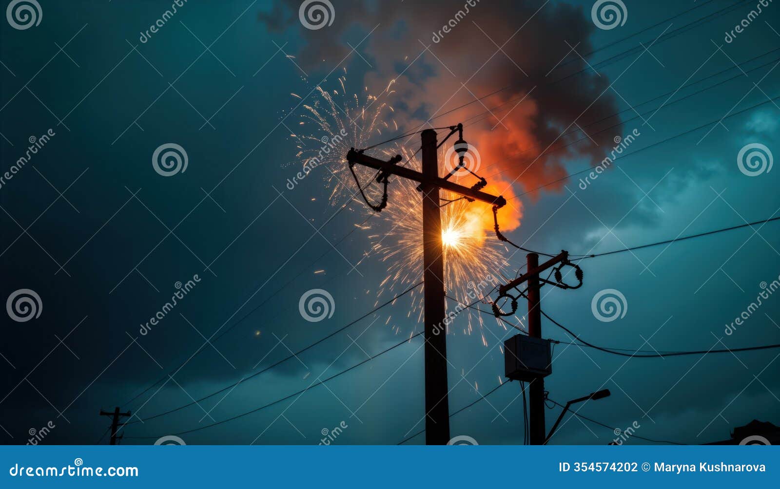 dramatic scene shows electrical pole with sparks, smoke. high voltage wires connected to pole. sparks fly around pole. smoke