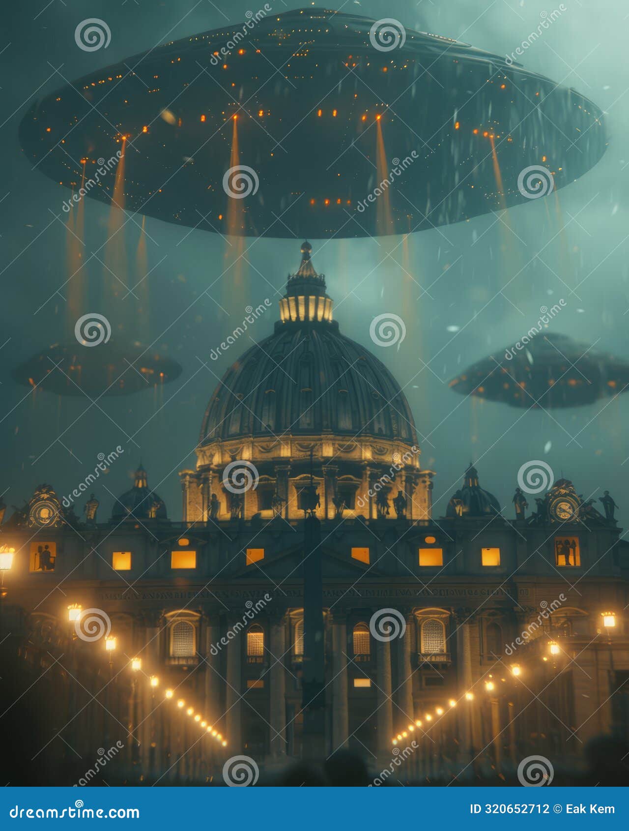 Dramatic Scene of UFOs Hovering Over Historical Architecture in a