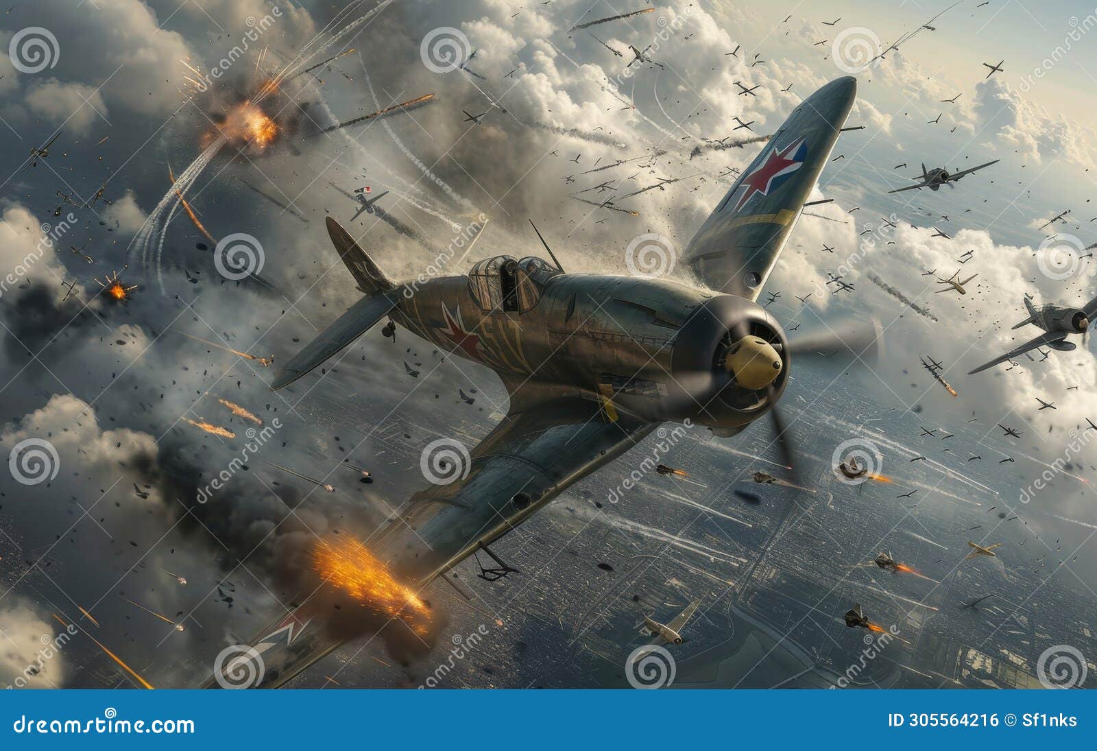 a dramatic scene of vintage warplanes in an aerial battle amidst clouds, with explosions and gunfire lighting up the sky