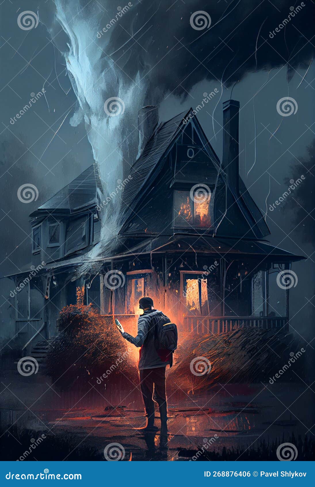 Dramatic Silhouette of Man in Front of Burning House Stock Illustration