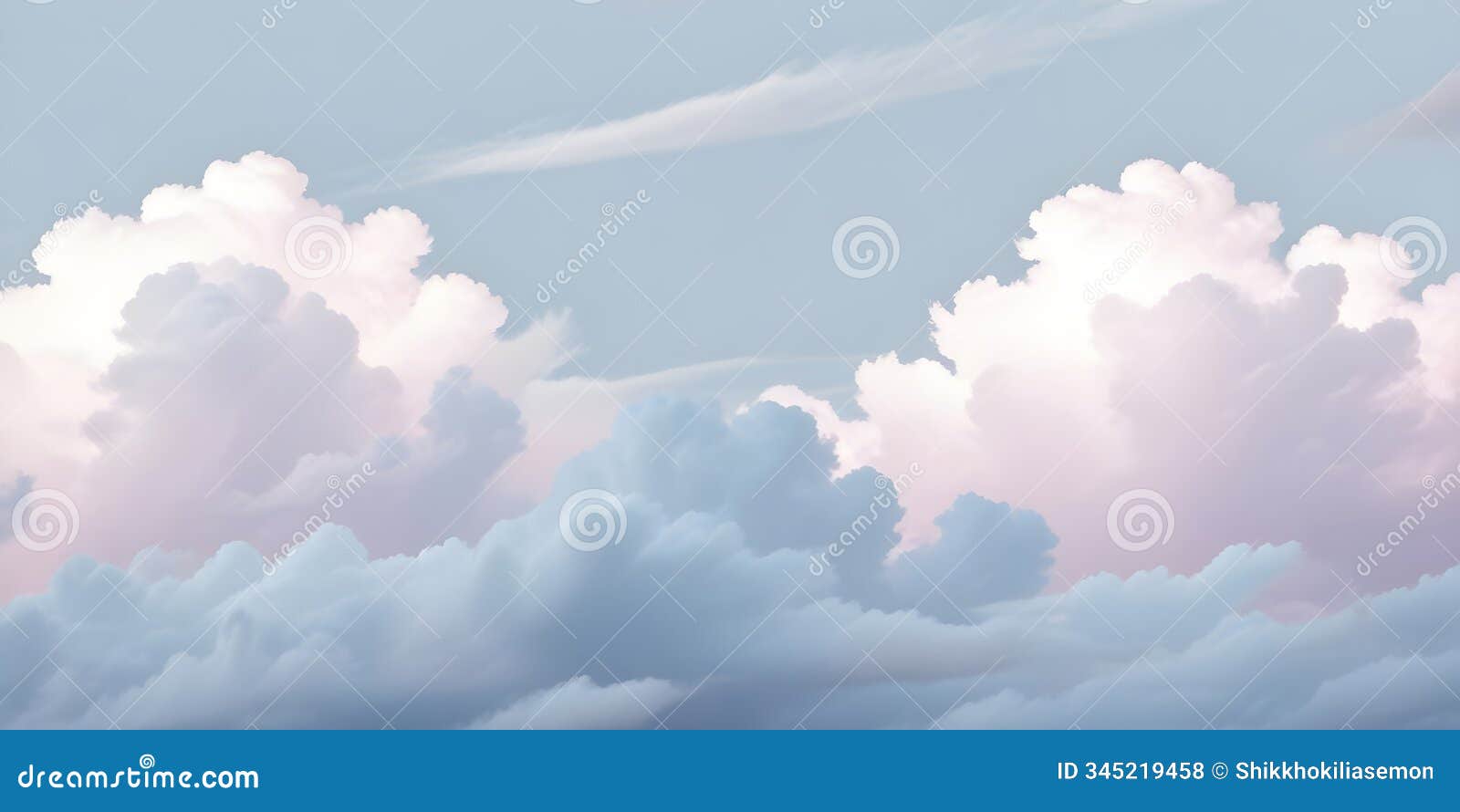 dramatic sky with fluffy pink and white clouds. soft sunset hues fill the expansive sky with clouds. serene and colorful