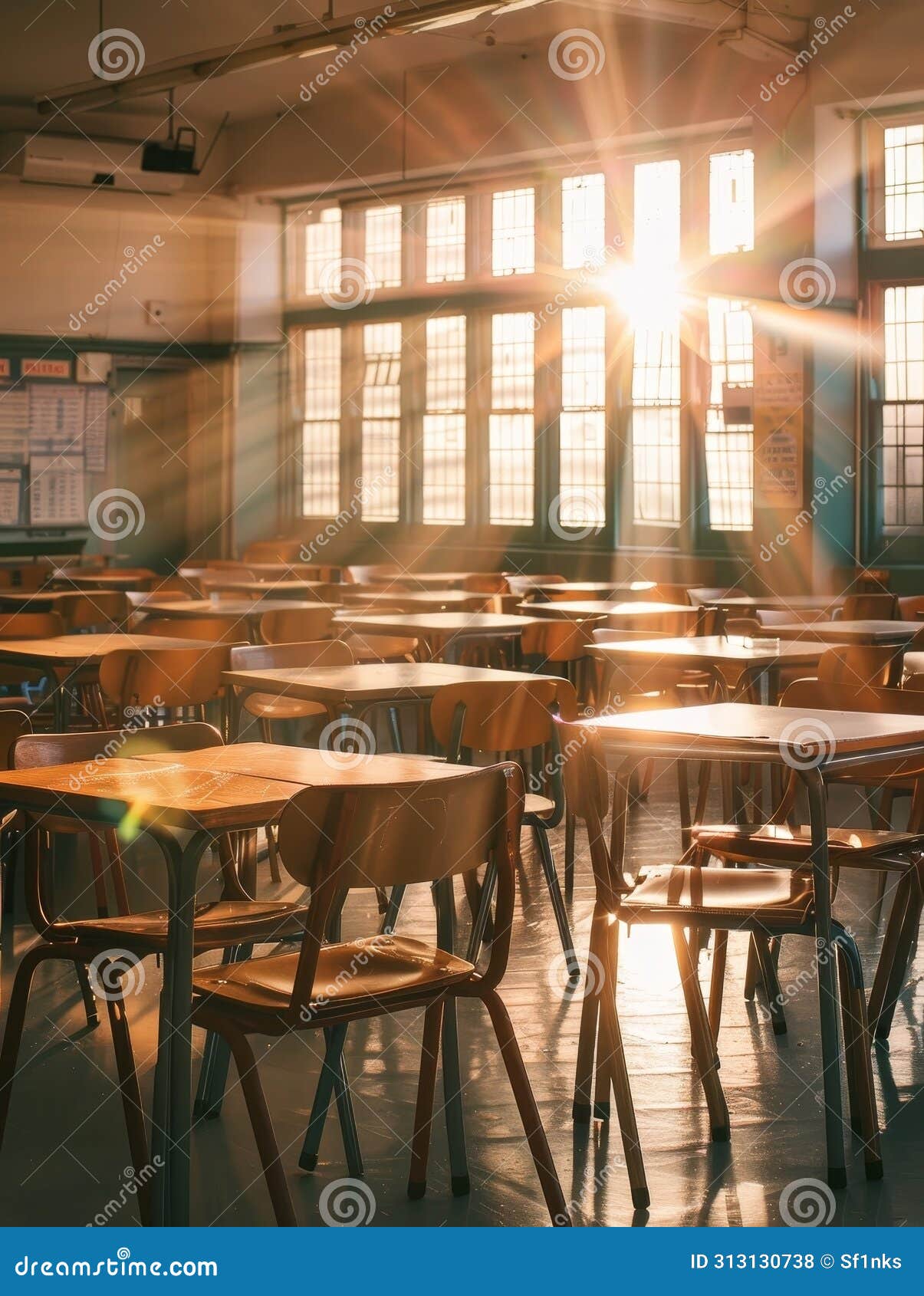 dramatic sunbeams filter through large windows, casting a warm glow over the vacant lunchroom filled with rows of wooden