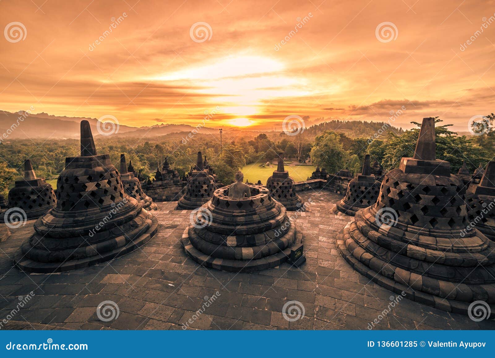 Dramatic Sunset Borobudur Temple at Sunset Yogyakarta, Java, Indonesia