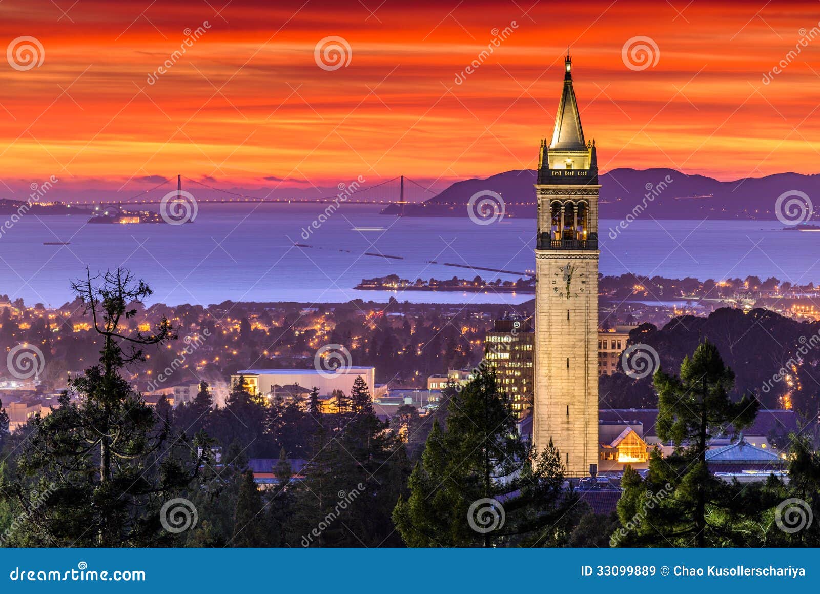 dramatic sunset over san francisco bay and the campanile