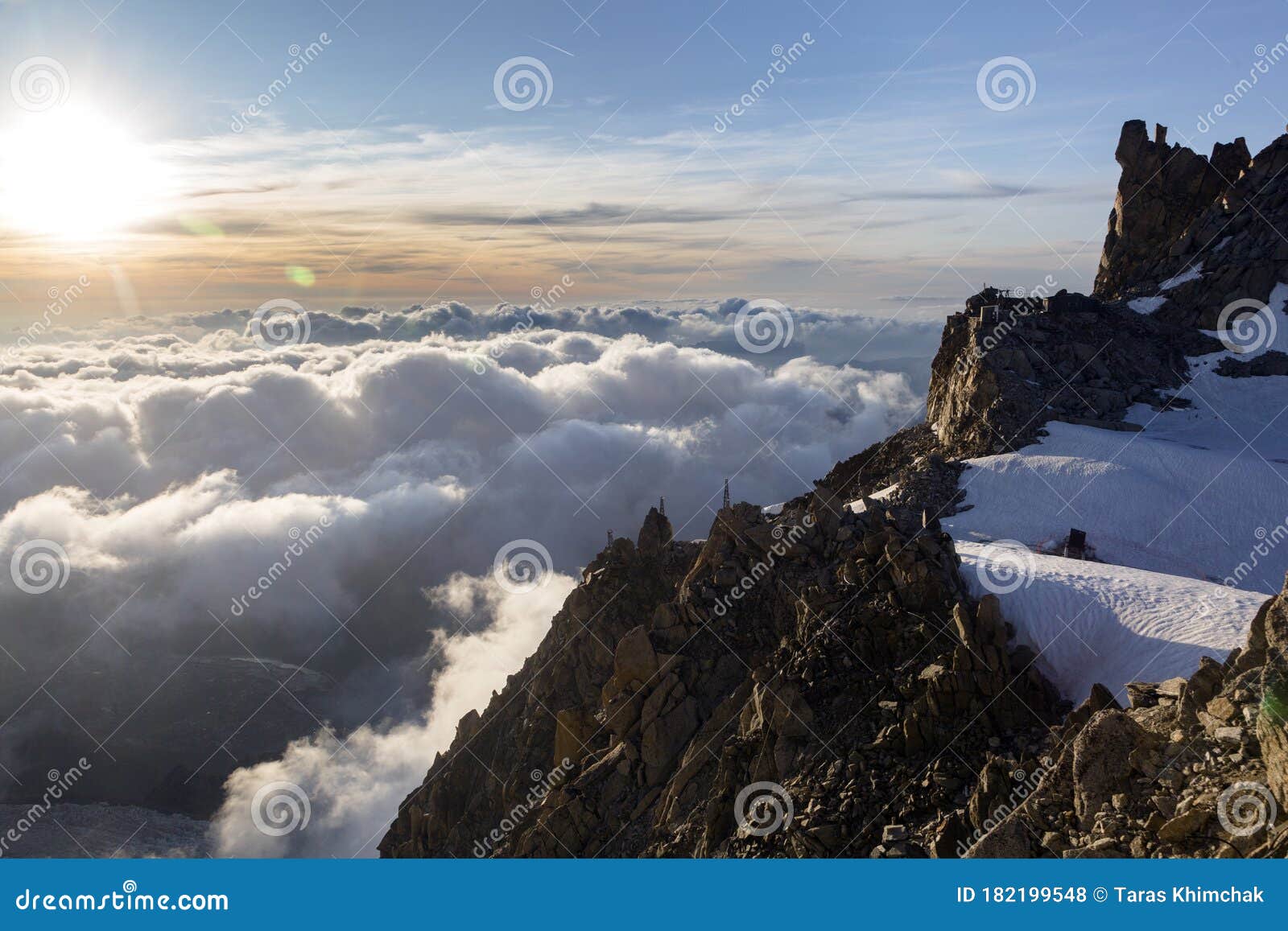 dramatic sunset sky over the rogues alps. view from the cosmique refuge, chamonix, france.