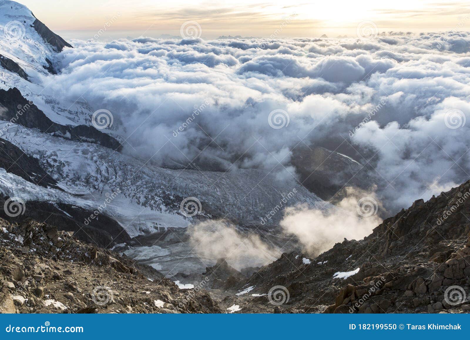 dramatic sunset sky over the rogues alps. view from the cosmique refuge, chamonix, france.