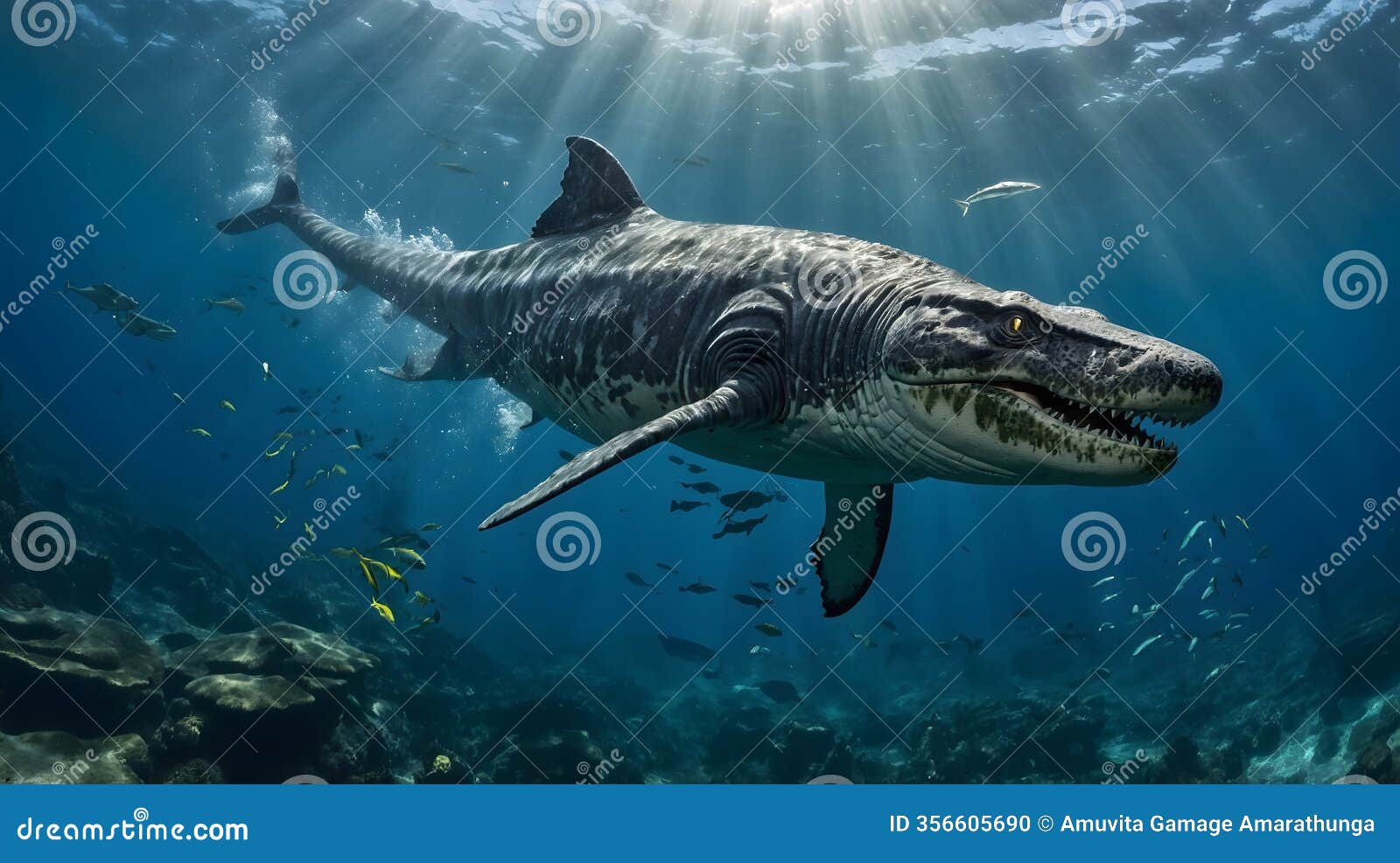 beneath the waves: a mosasaur hunts in the swirling depths of the sea