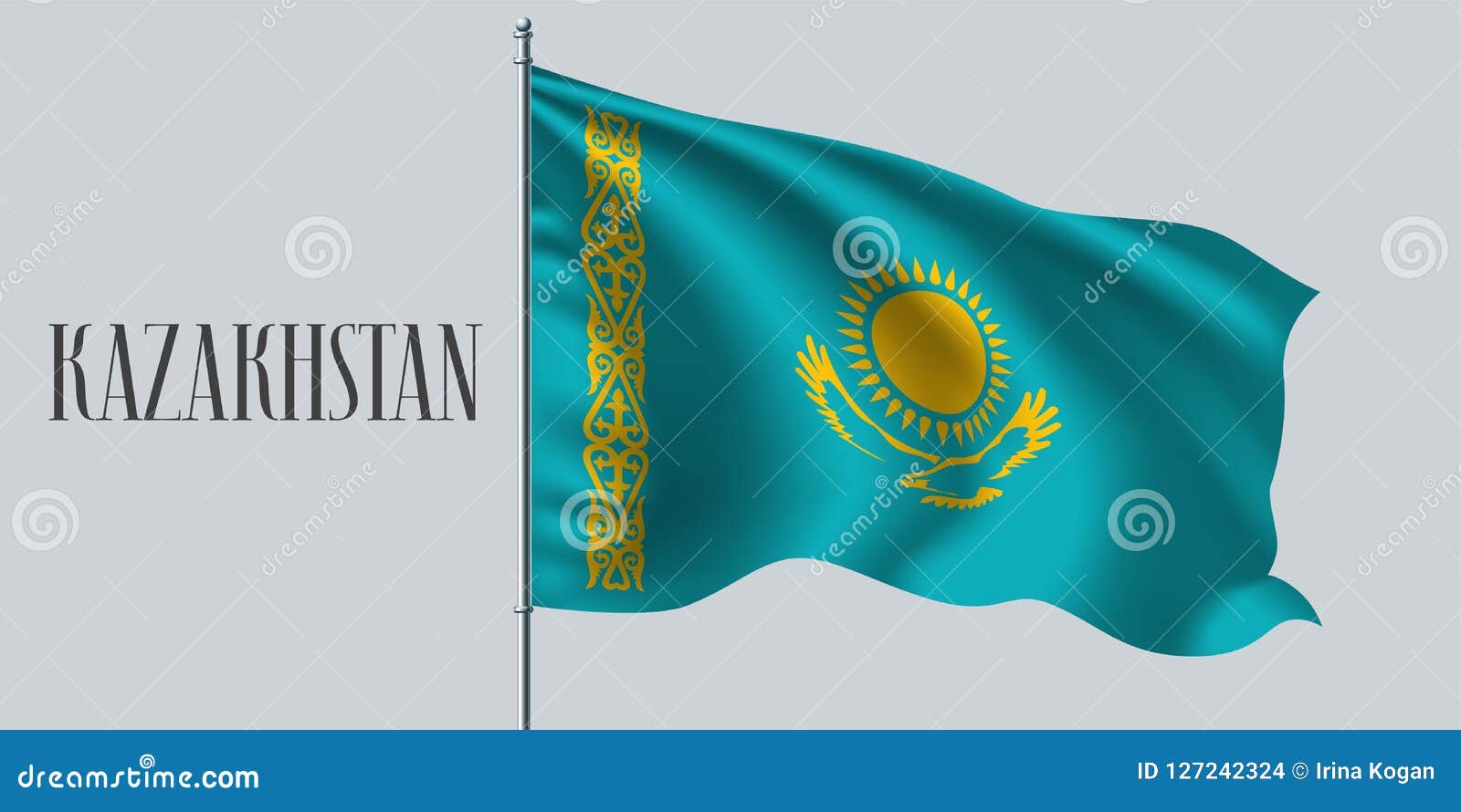 Drapeau Du Kazakhstan Sur Un Mât En Bois Avec Un Fond Blanc