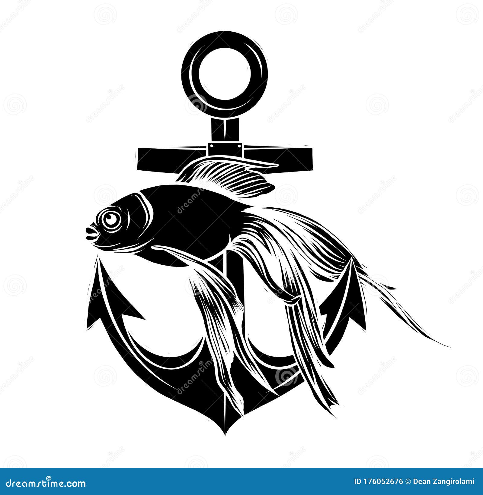A Draw Anchor and Fish Vector Illustarion Stock Vector Illustration